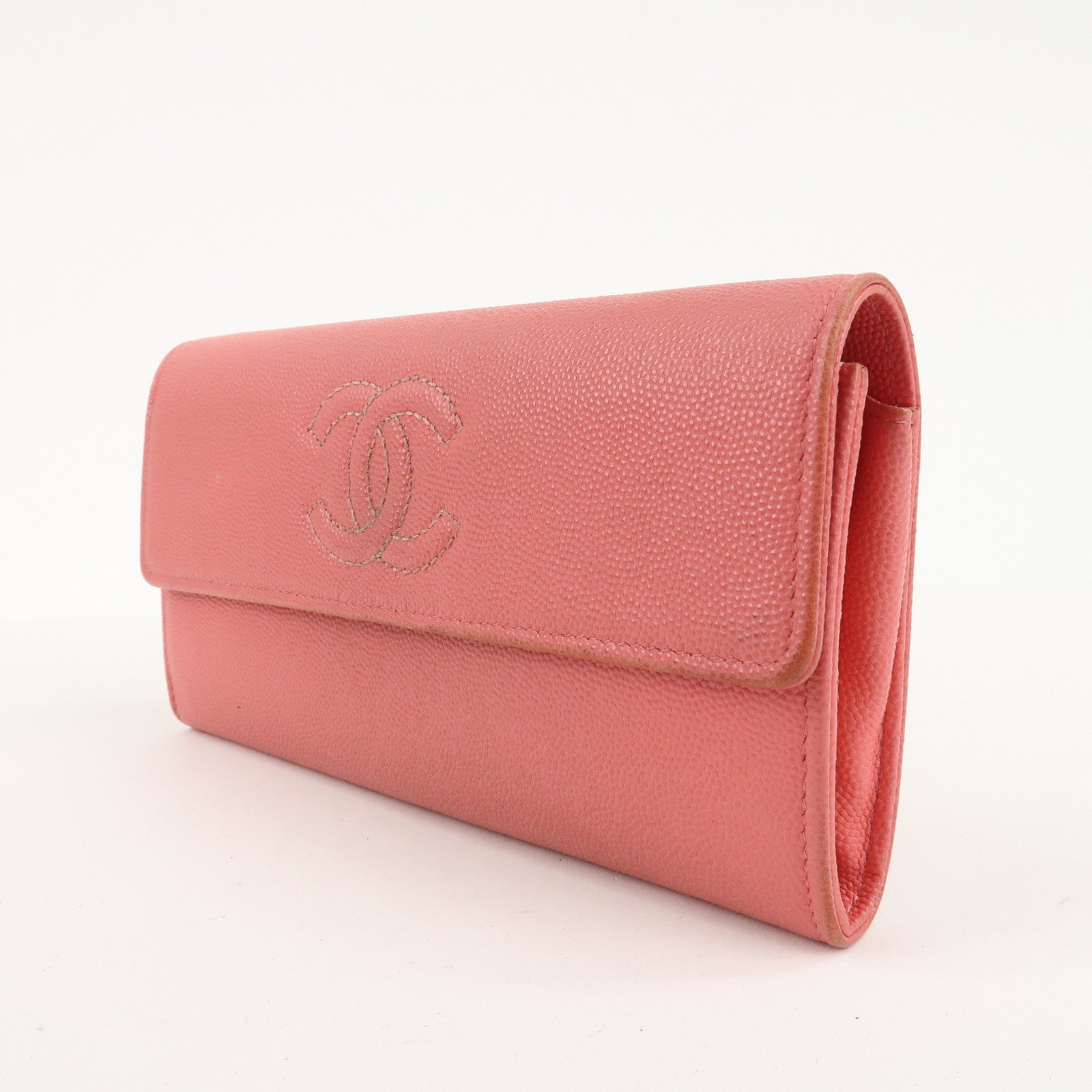 CHANEL Caviar Skin Coco Mark Bi-fold Long Wallet Pink Used