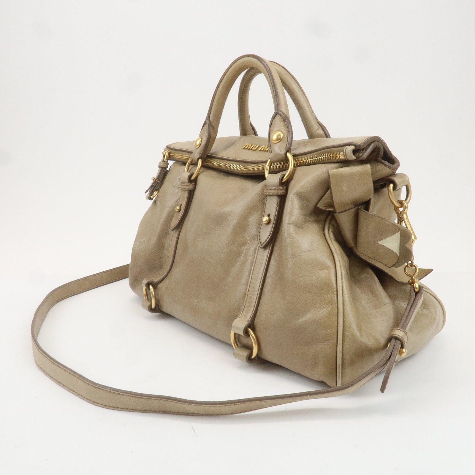 MIU MIU Leather 2Way Shoulder Bag Hand Bag Beige RT0365