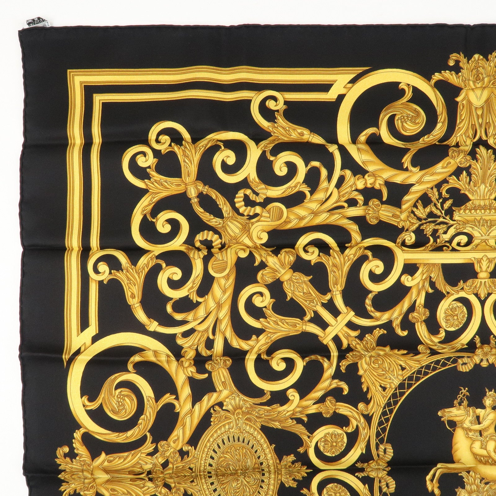 HERMES Silk 100% Carre 90 Scarf LES TUILERIES Black Gold Used