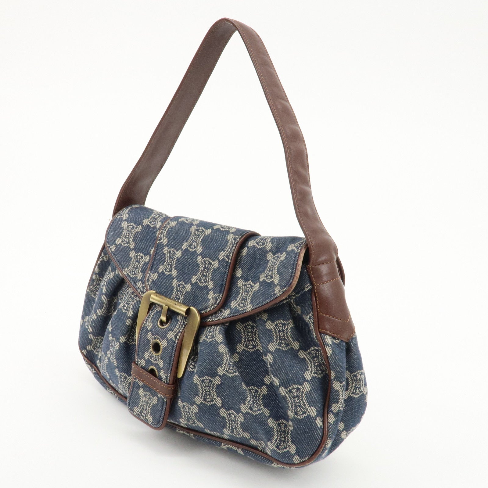 CELINE Macadam Denim Leather Shoulder Bag Blue Brown