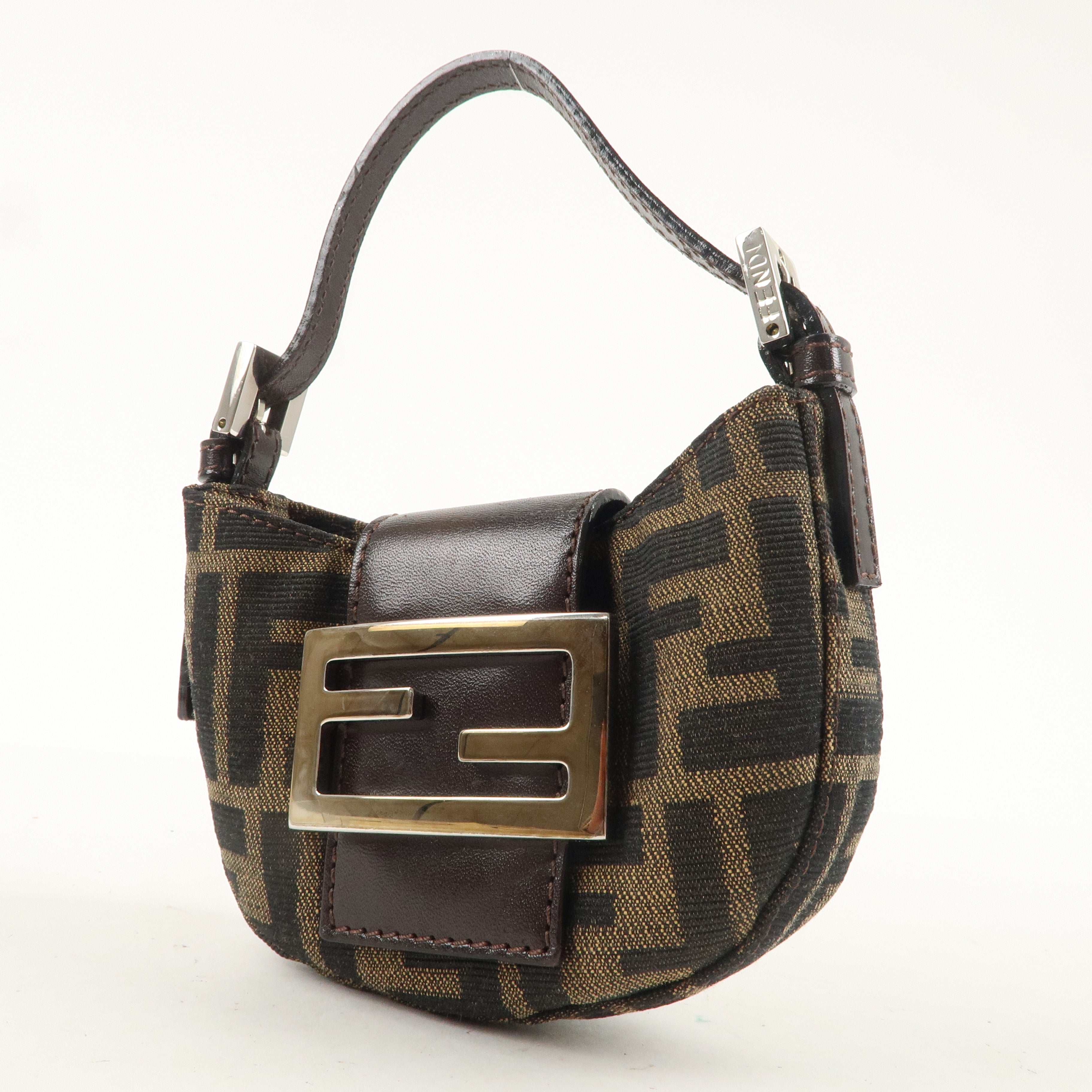 FENDI Zucca Canvas Leather Pouch Khaki Brown 26673