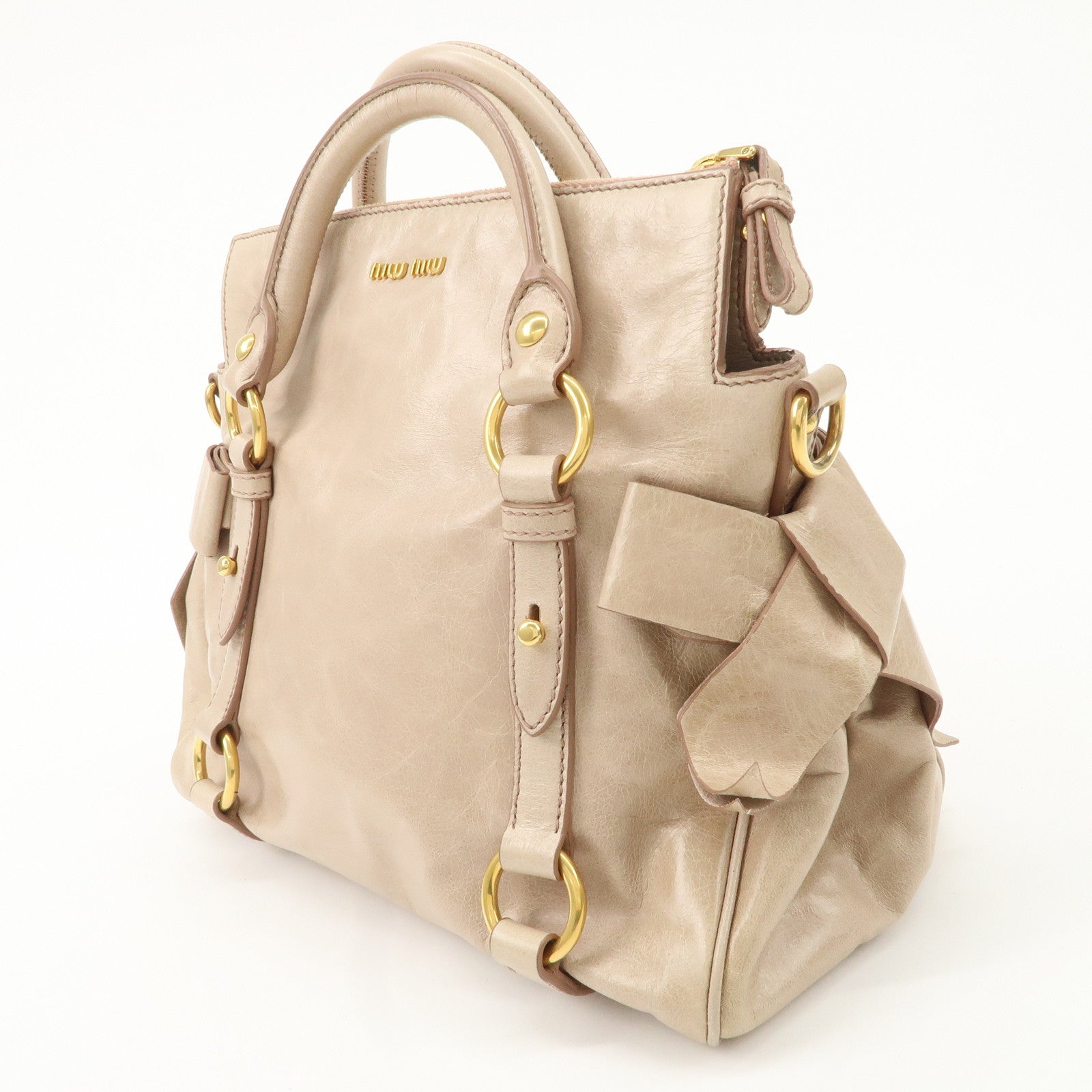 MIU MIU Leather Ribbon 2Way Bag Hand Bag Shoulder Bag Beige RT0438 Used