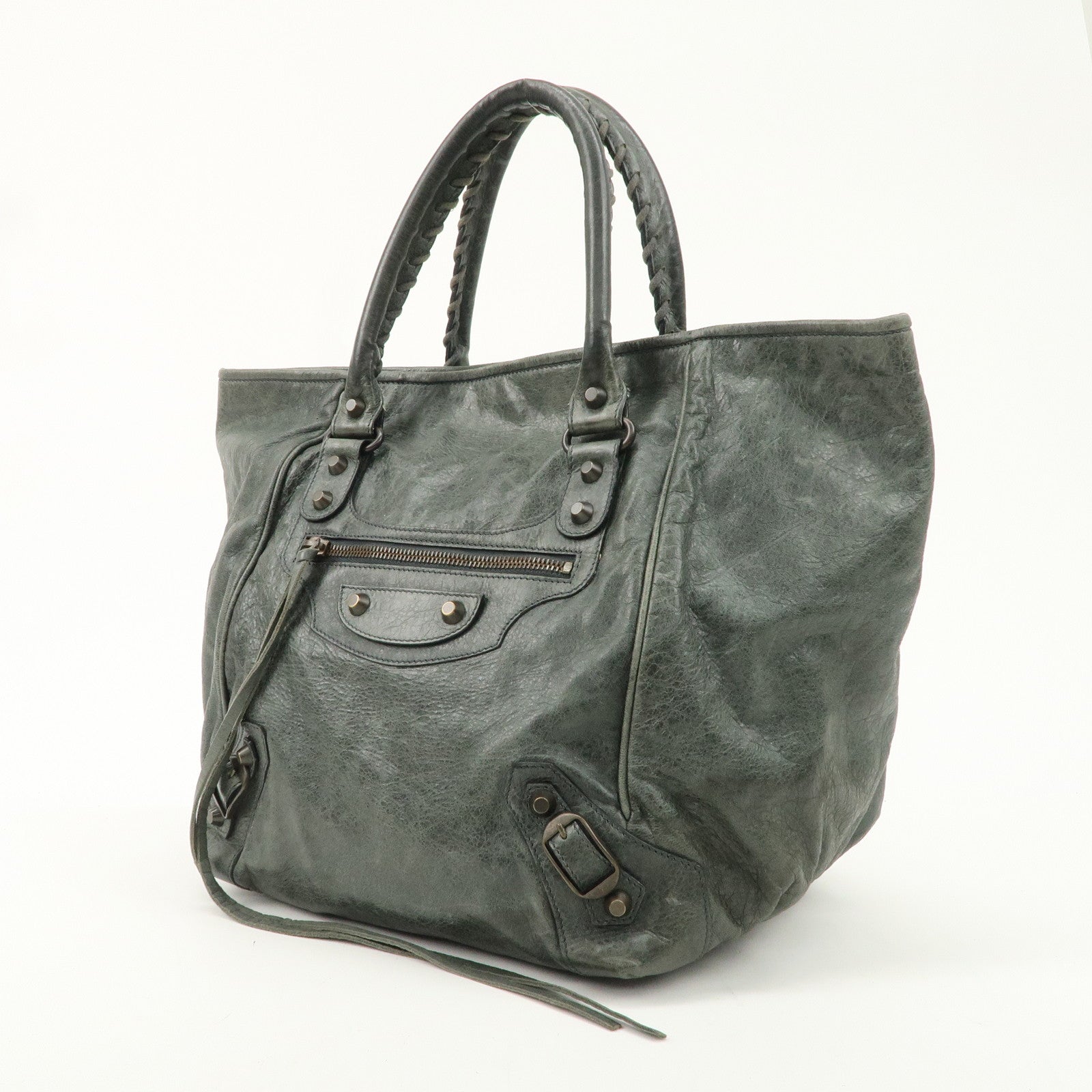 BALENCIAGA Leather The Sunday Tote Hand Bag Dark Green 228750