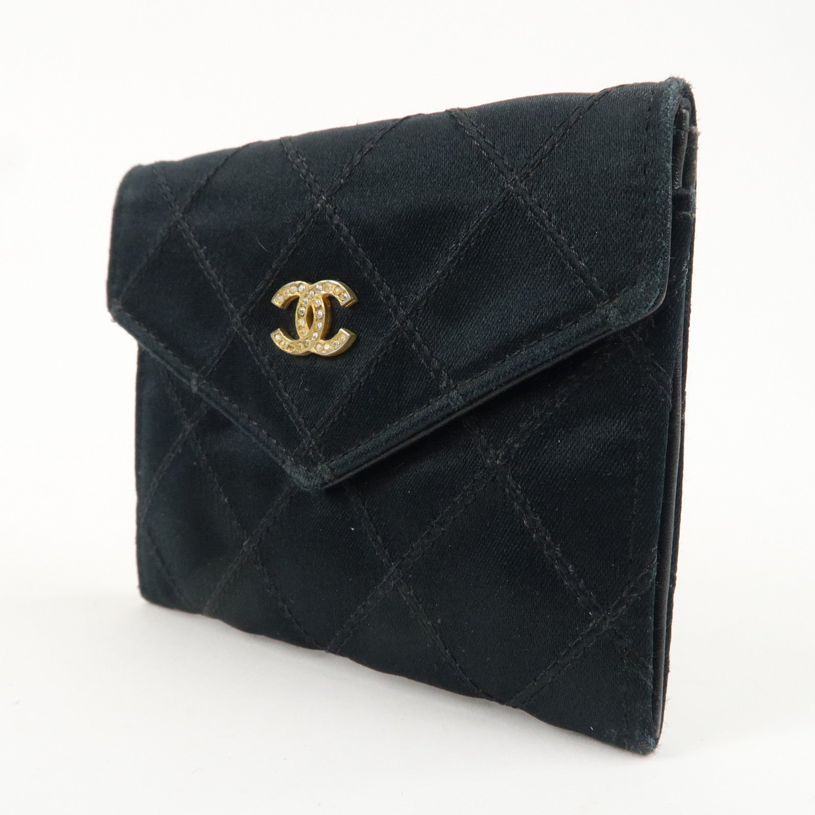 CHANEL Bicolore Satin Coin Case Coin Purse Black