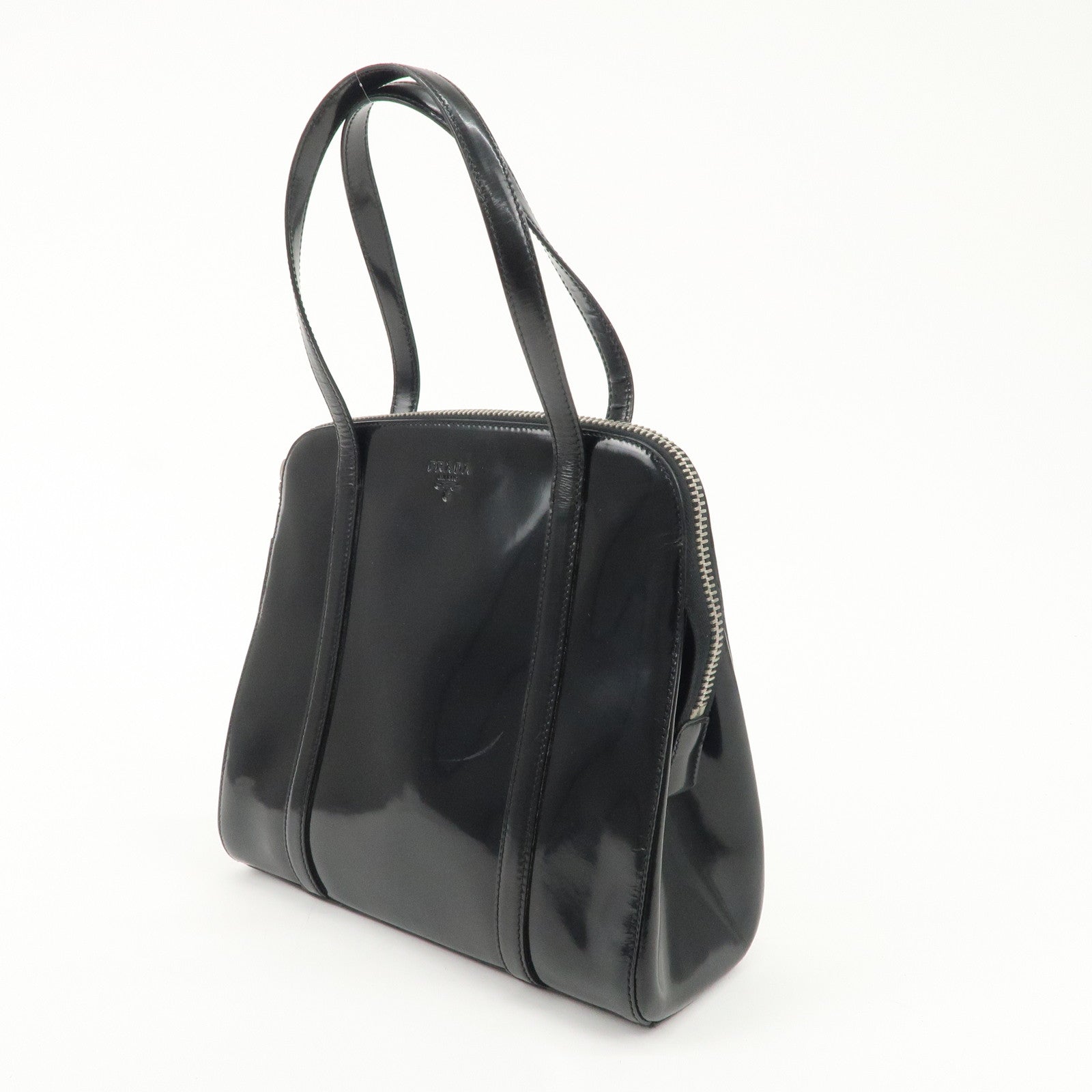 PRADA Patent Leather Tote Bag Hand Bag Black Silver HDW Used