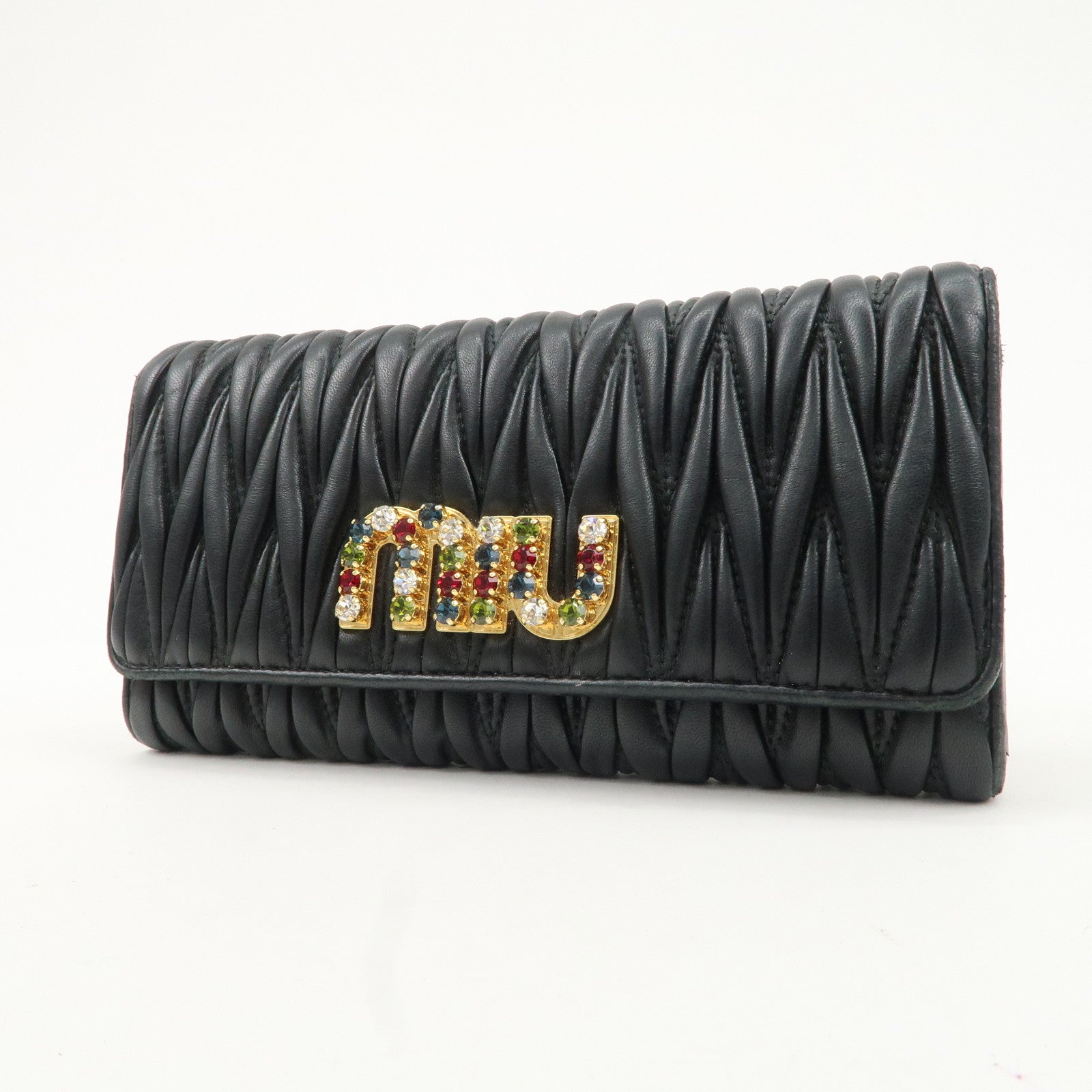 MIU MIU Matelasse Nappa Crystal Leather Hook Long Wallet 5MH109 Used