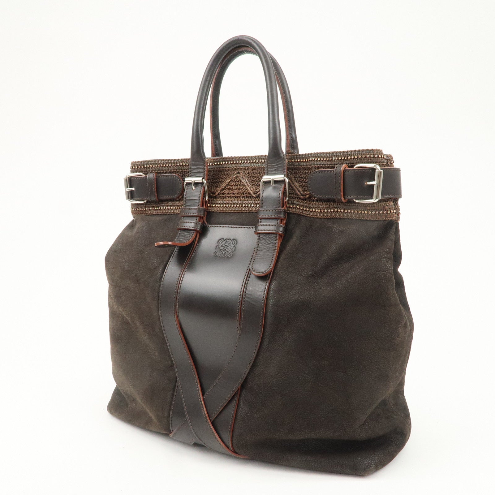 LOEWE Anaglam Leather Bijoux Tote Bag Hand Bag Brown Used