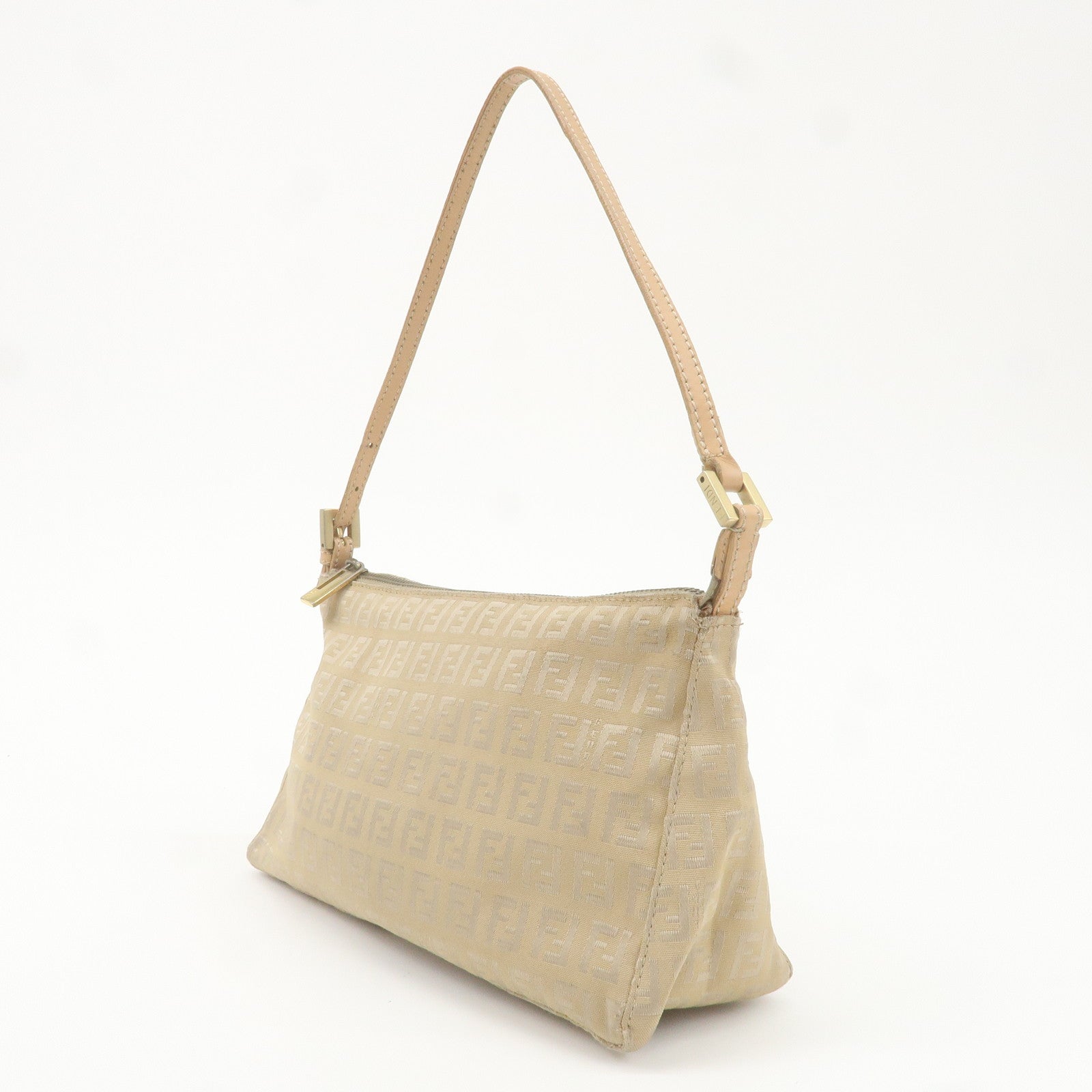 FENDI Zucchino Canvas Leather Shoulder Bag Beige