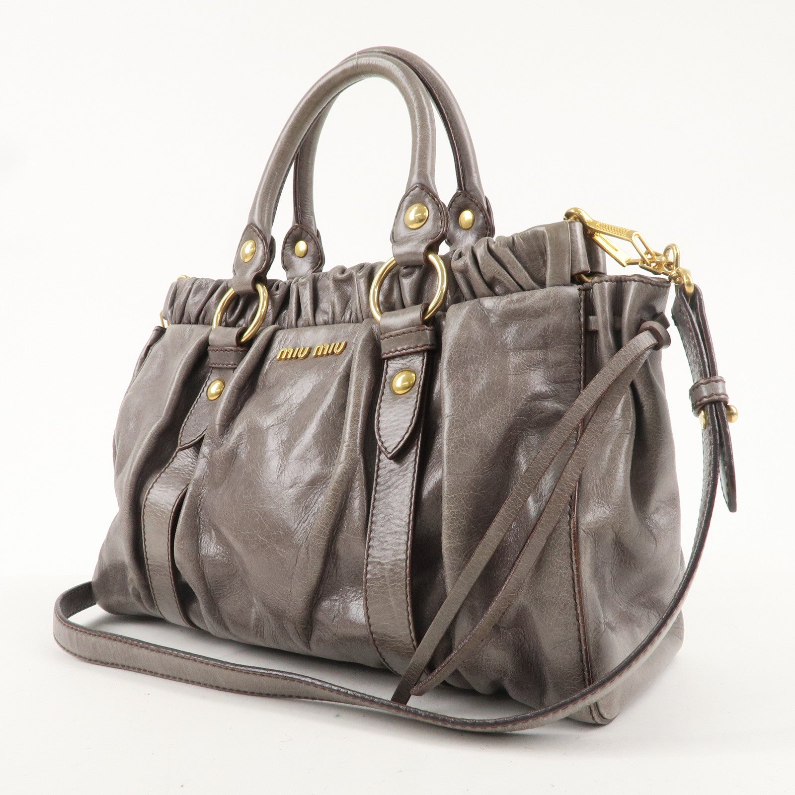 MIU MIU Leather 2WAY Bag Hand Bag Shoulder Bag Gray