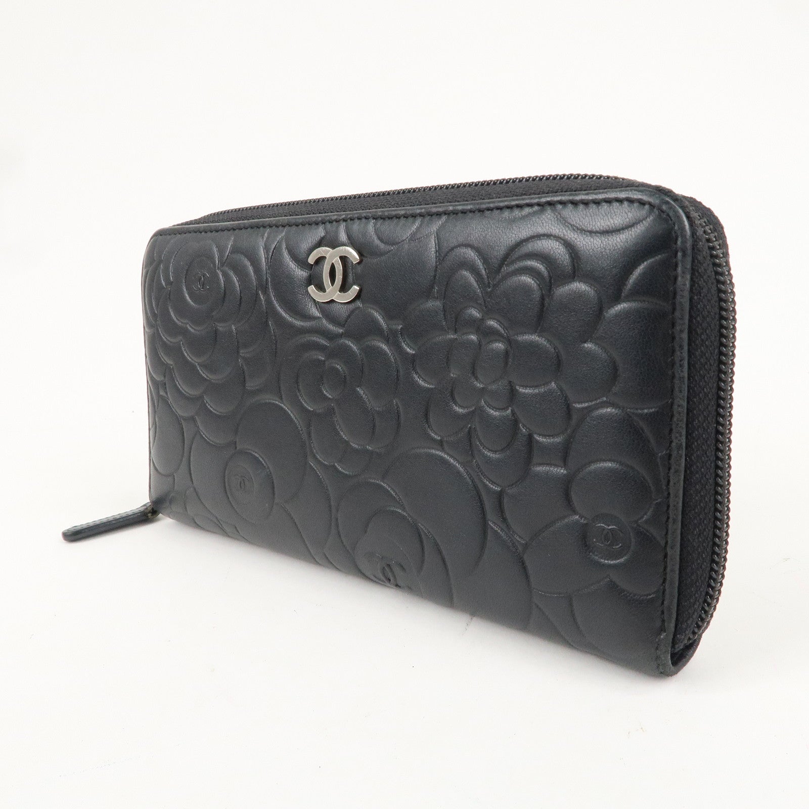 CHANEL Camellia Lamb Skin Zippy Round Long Wallet Black