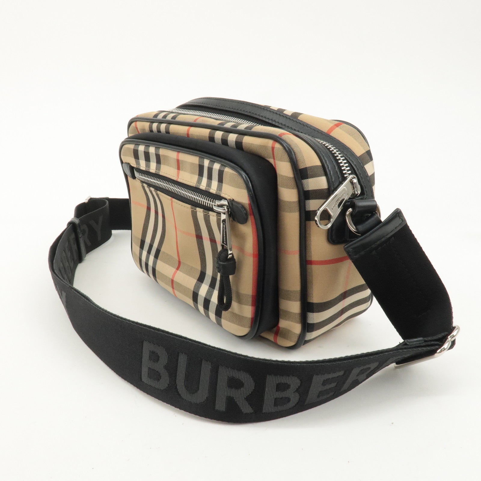 BURBERRY Nova Plaid Canvas Leather Shoulder Bag Beige