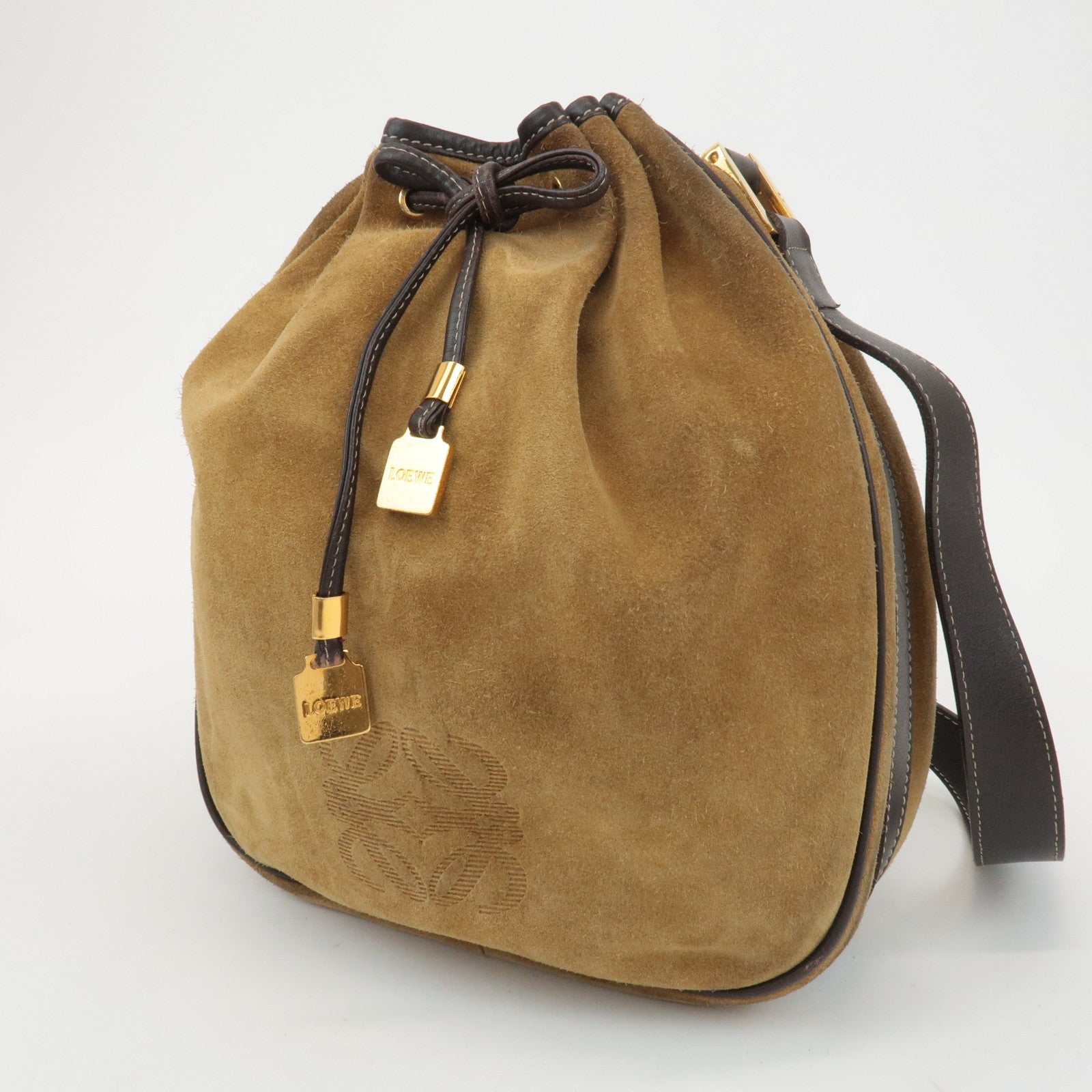 LOEWE Anagram Suede Leather Shoulder Bag Beige Brown