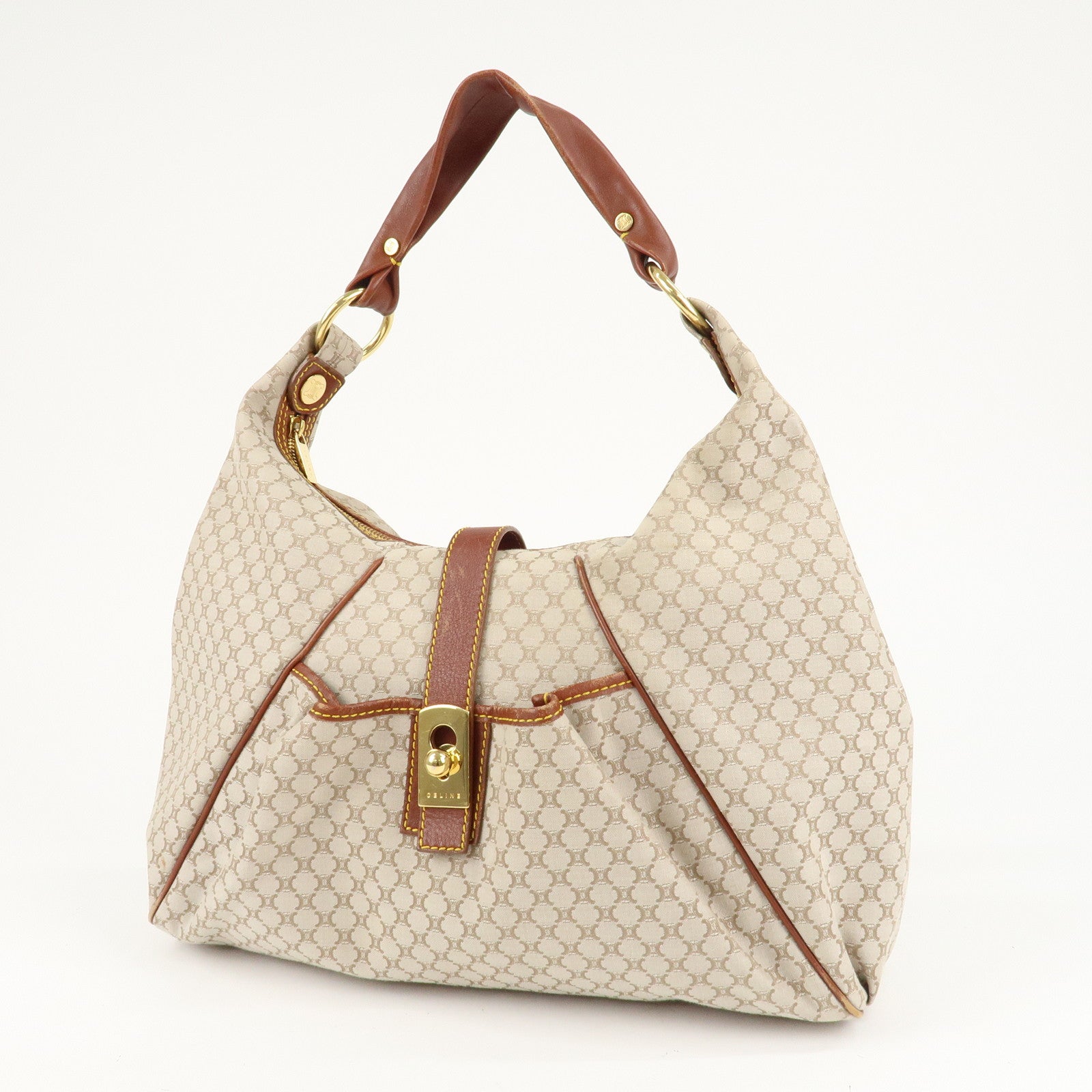 CELINE C Macadam Canvas Leather Shoulder Bag Hand Bag Beige Brown Used