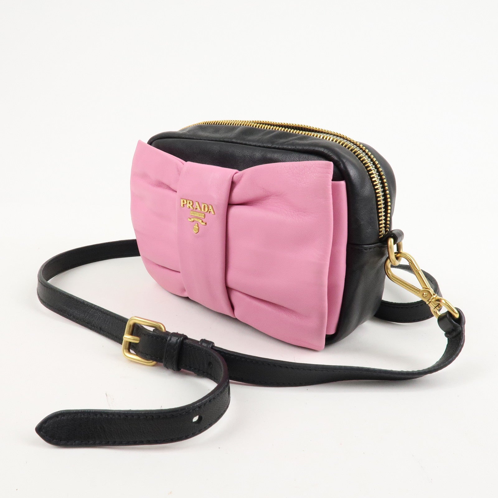 PRADA Logo Leather Ribbon Shoulder Bag Pink Black BP0166