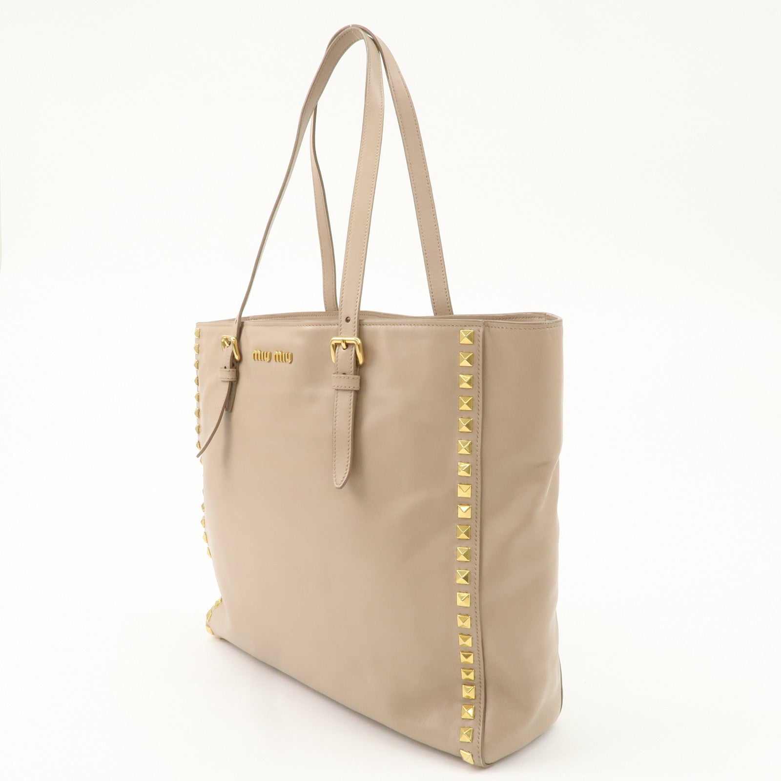 MIU MIU Leather Studs Tote Bag Hand Bag Beige RR1906 Used