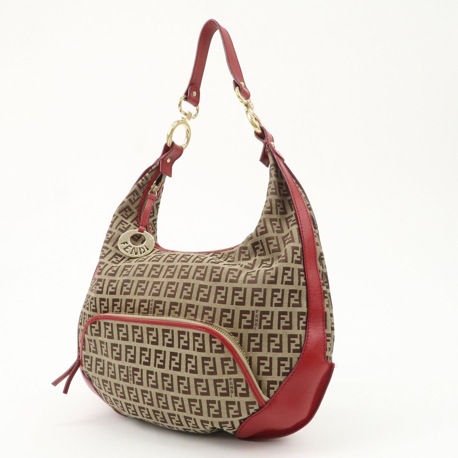 FENDI Zucchino Canvas Leather Shoulder Bag Khaki Brown Red 8BR465