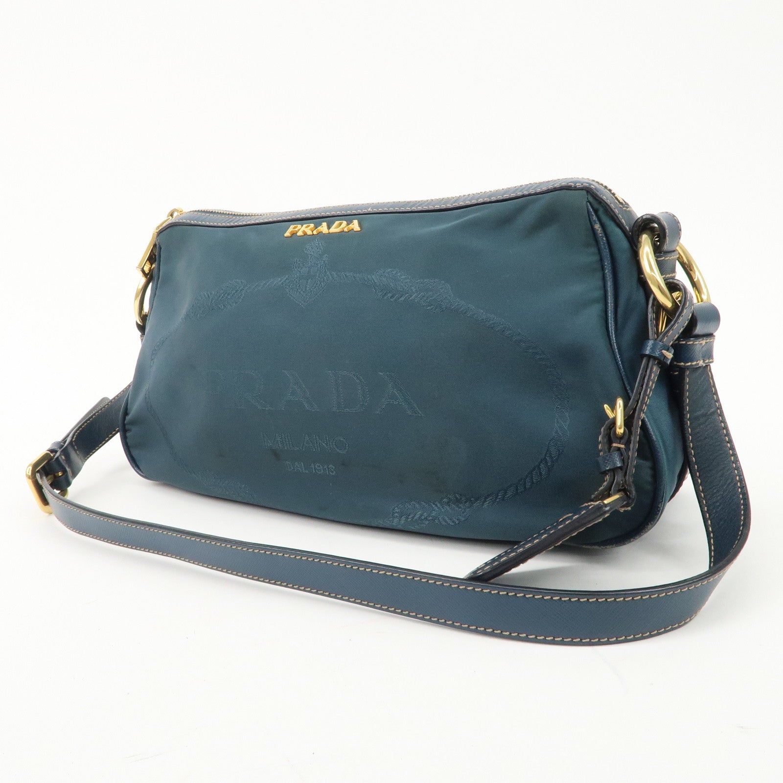 PRADA Nylon Leather Shoulder Bag Hand Bag Navy Gold HDW