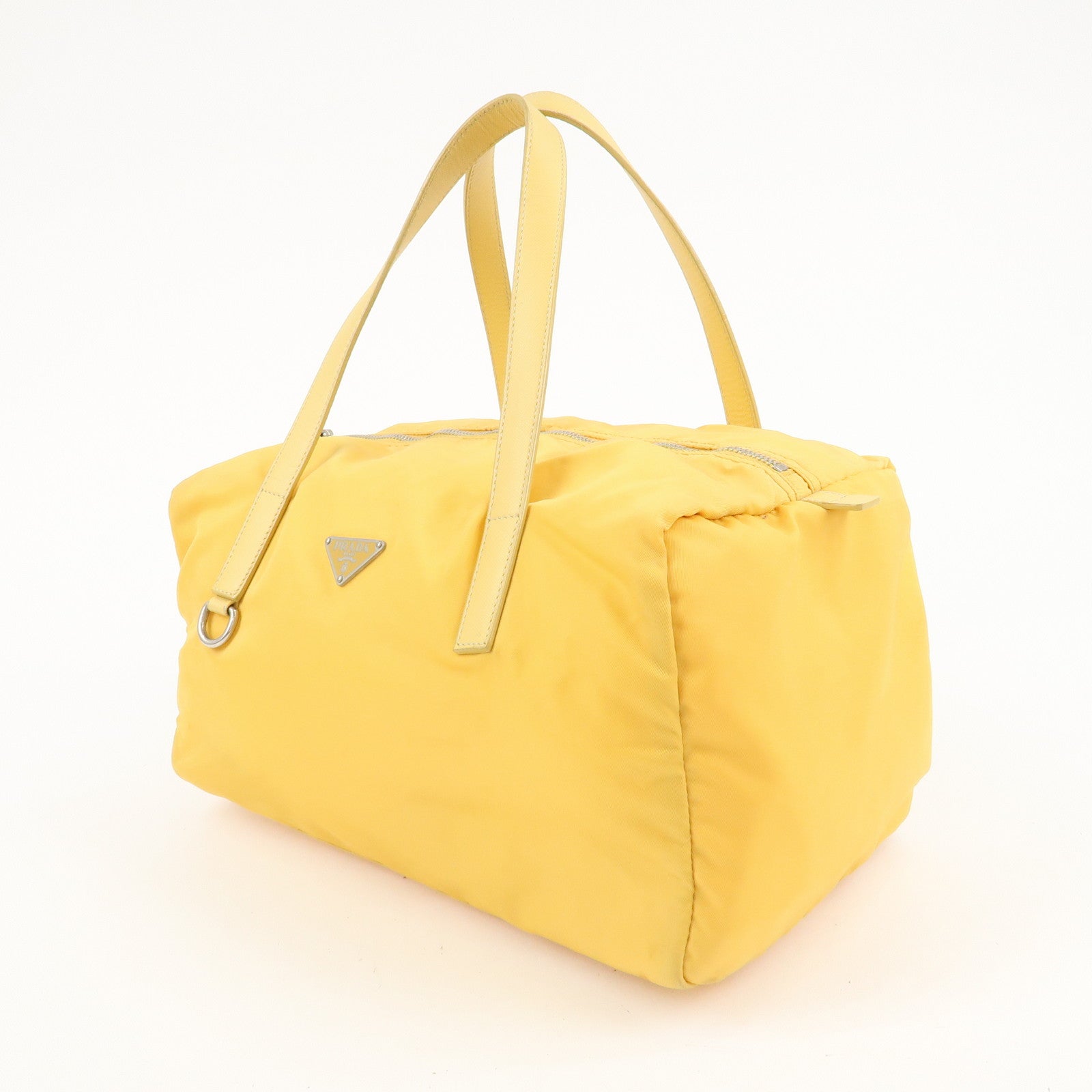 PRADA Logo Nylon Leather Boston Bag Shoulder Bag Yellow Silver