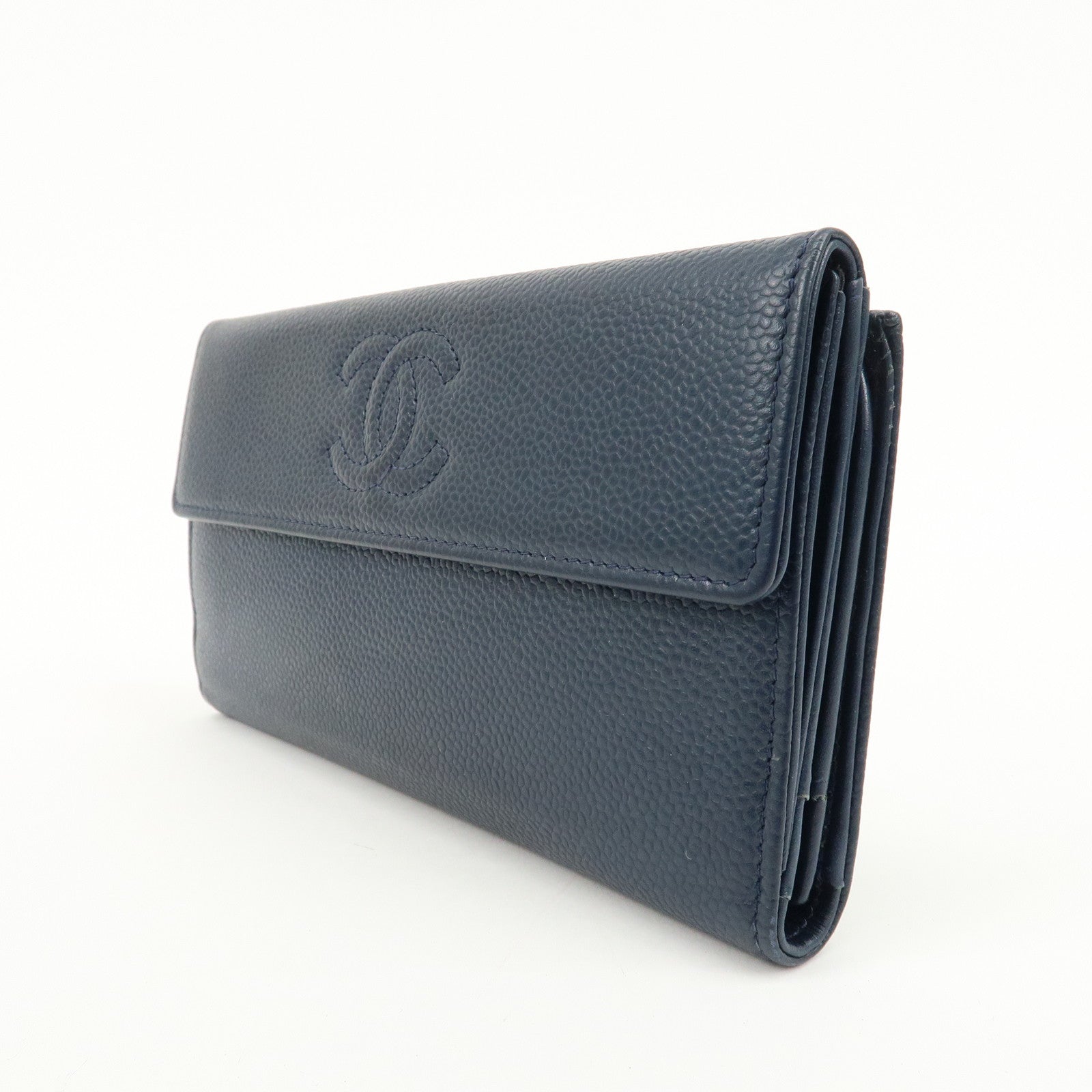 CHANEL Coco Mark Caviar Skin Double Hook Wallet Navy A48649 Used