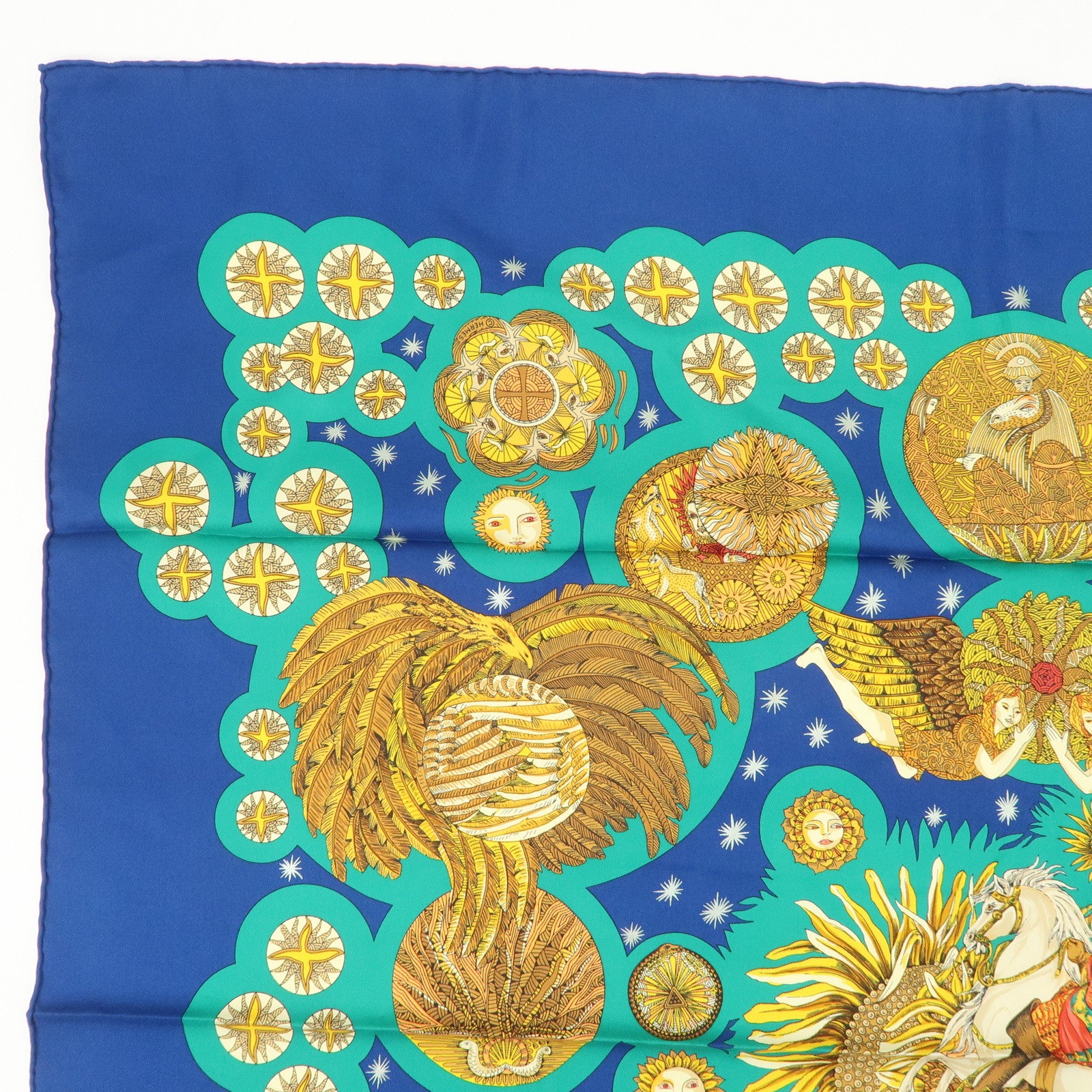 HERMES Carre 90 Silk 100% Scarf LE ROY SOLEIL Blue Green Gold Used