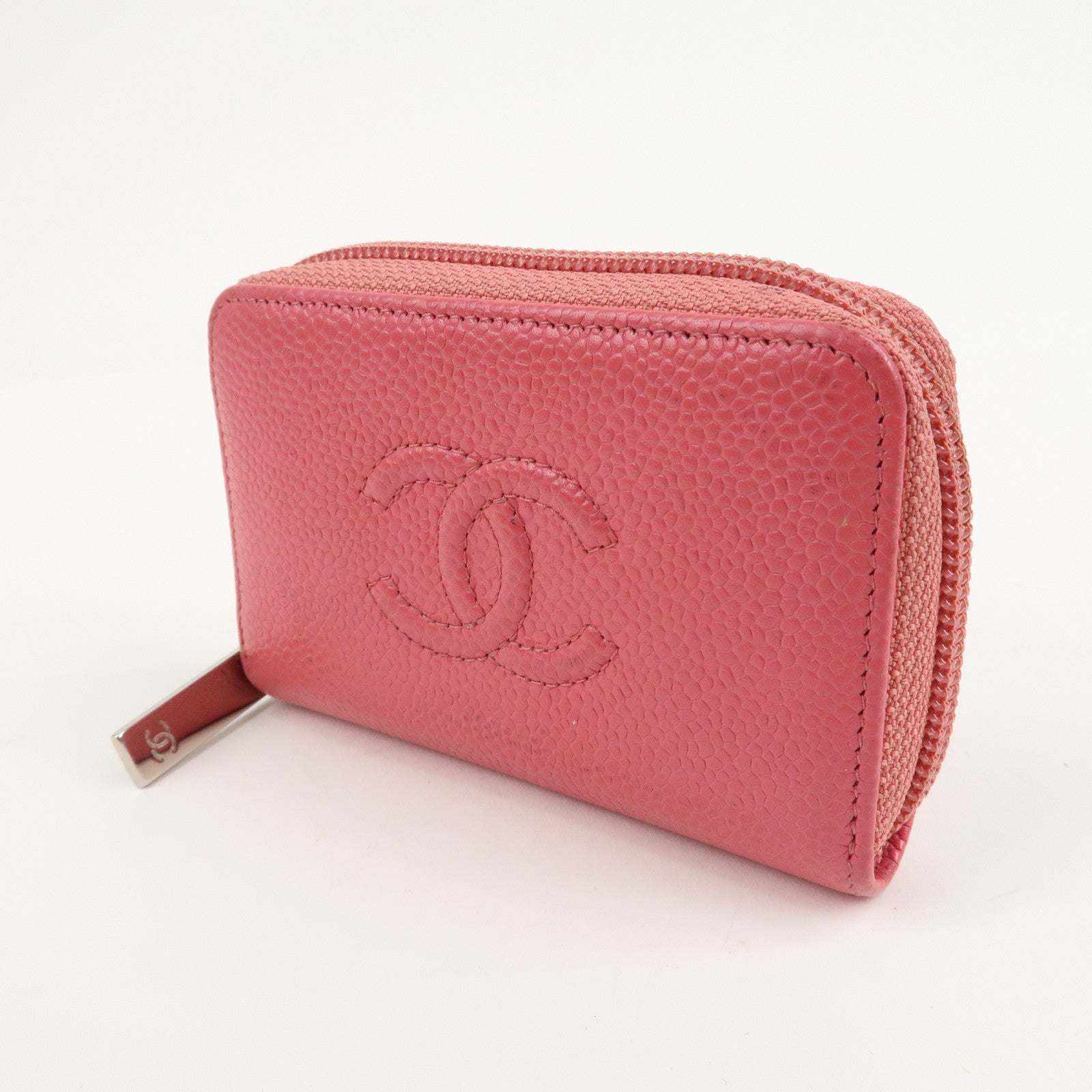 CHANEL Caviar Skin Round Zipper Coin Case Wallet Pink A68890 Used