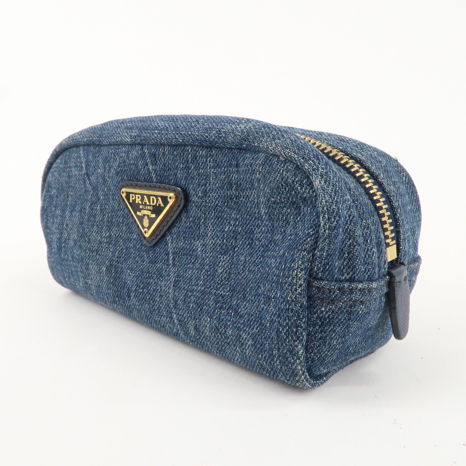 PRADA Logo Denim Cosmetic Pouch Blue