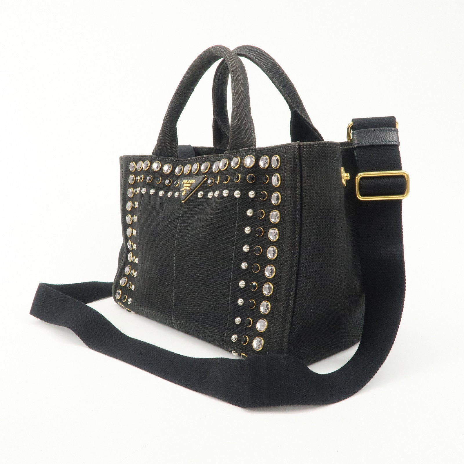 PRADA Mini Canapa Bijou Studs Canvas 2Way Bag Black B24390 Used