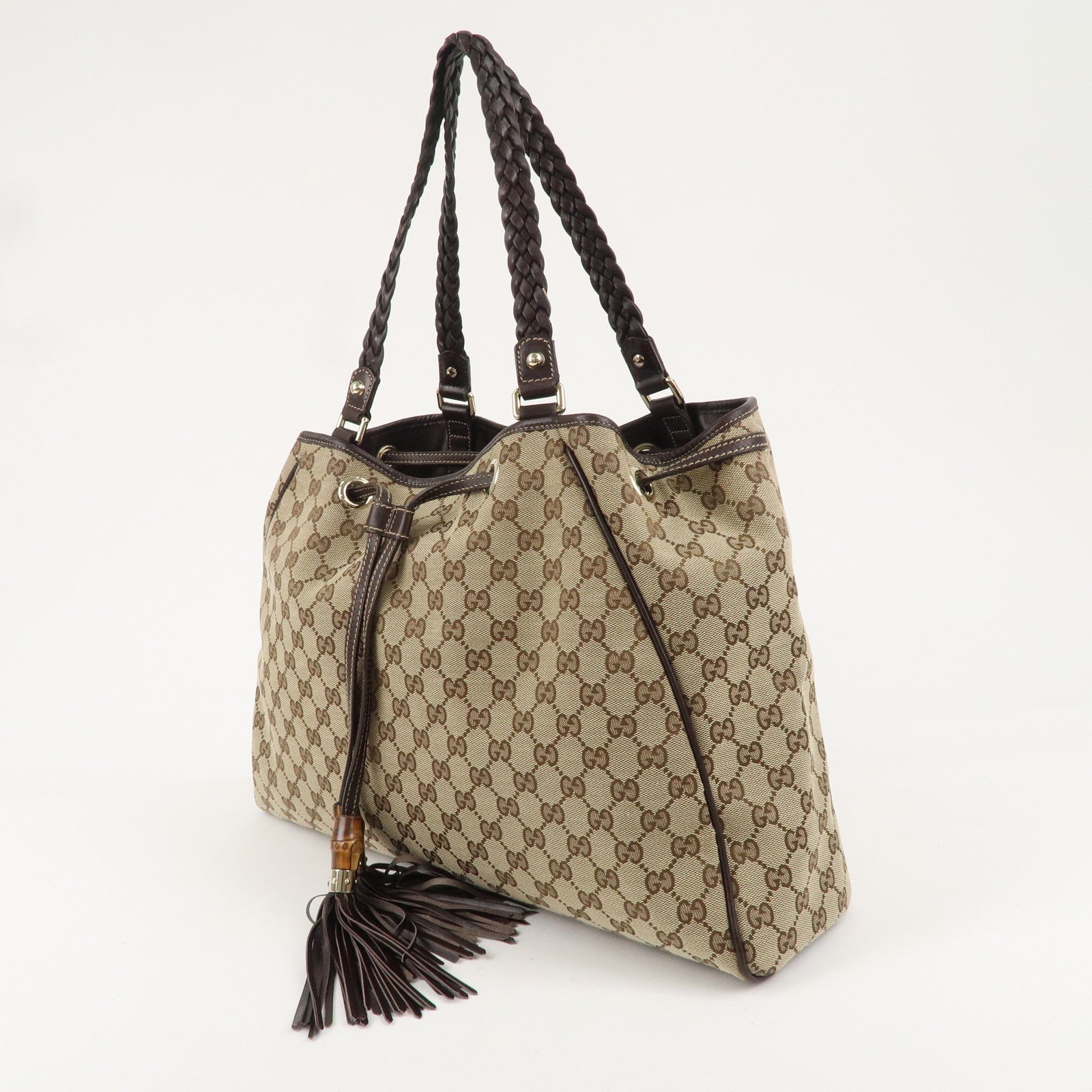 GUCCI Bamboo GG Canvas Leather Tassel Shoulder Bag 170206