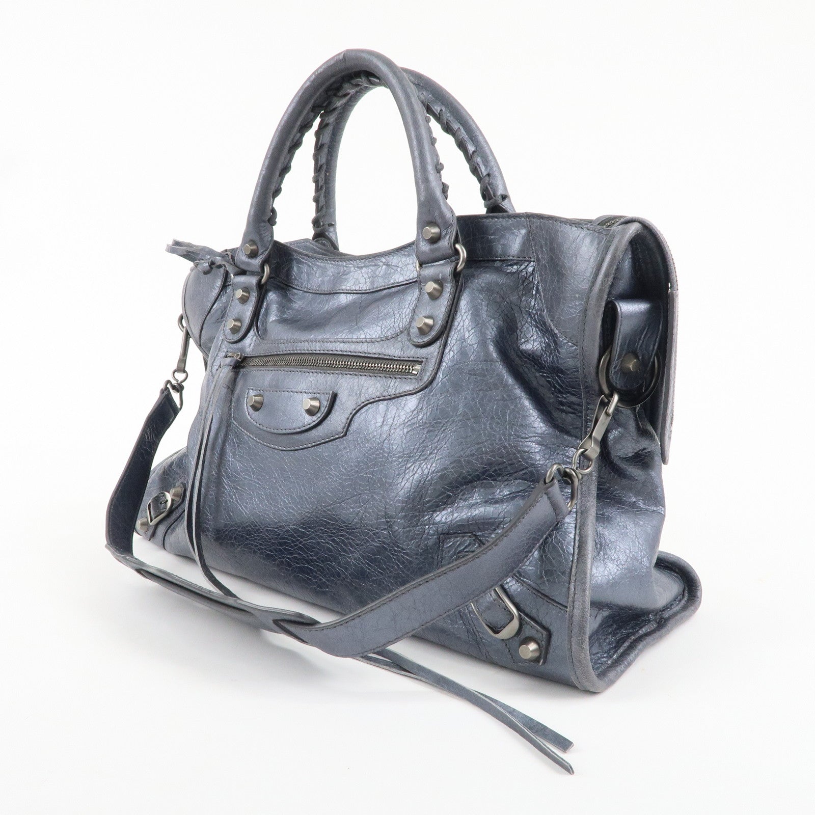 BALENCIAGA The City Leather 2Way Hand Bag Metallic Blue 115748