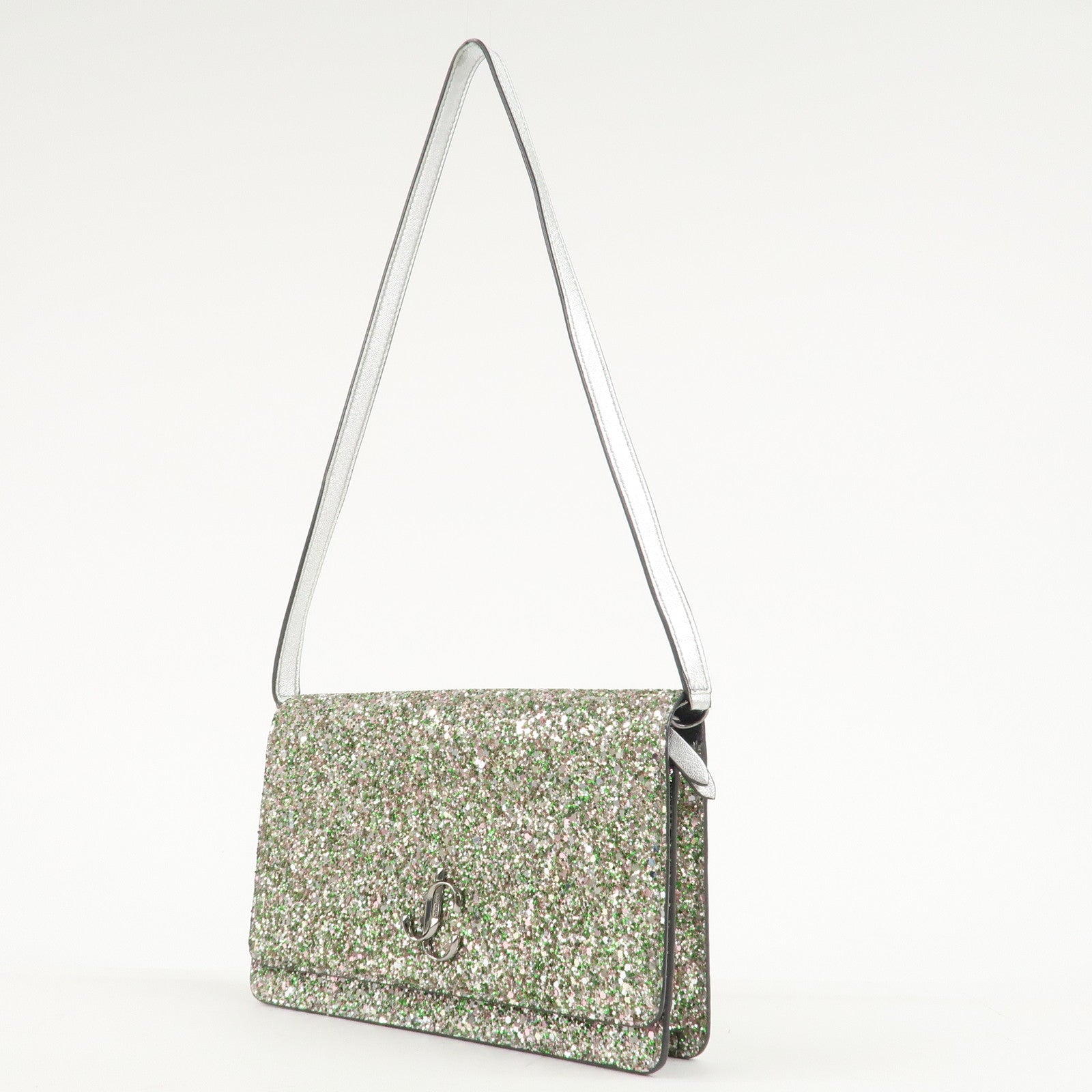 JIMMY CHOO Glitter Leather Shoulder Wallet Bag Green Silver