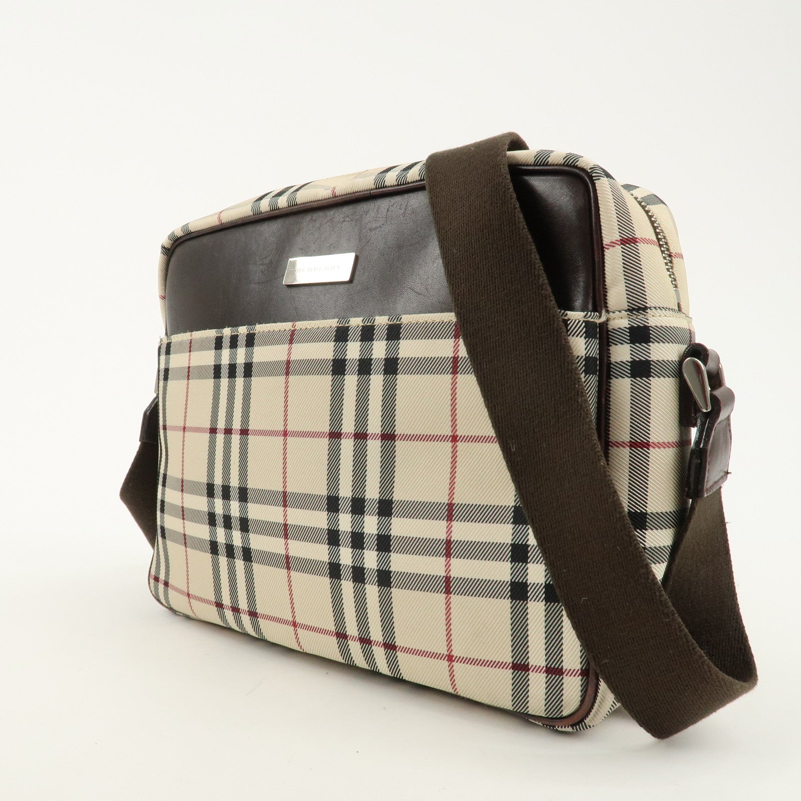 BURBERRY Nylon Leather Nova Plaid Shoulder Bag Beige Brown