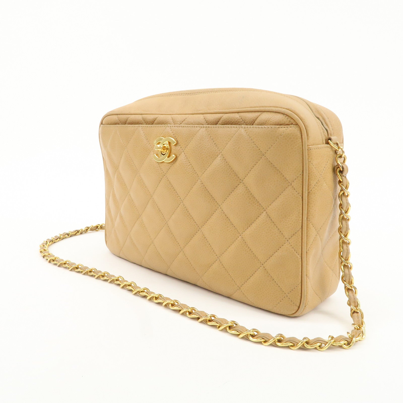 CHANEL Caviar Skin Coco Mark Chain Shoulder Bag Beige Gold Used