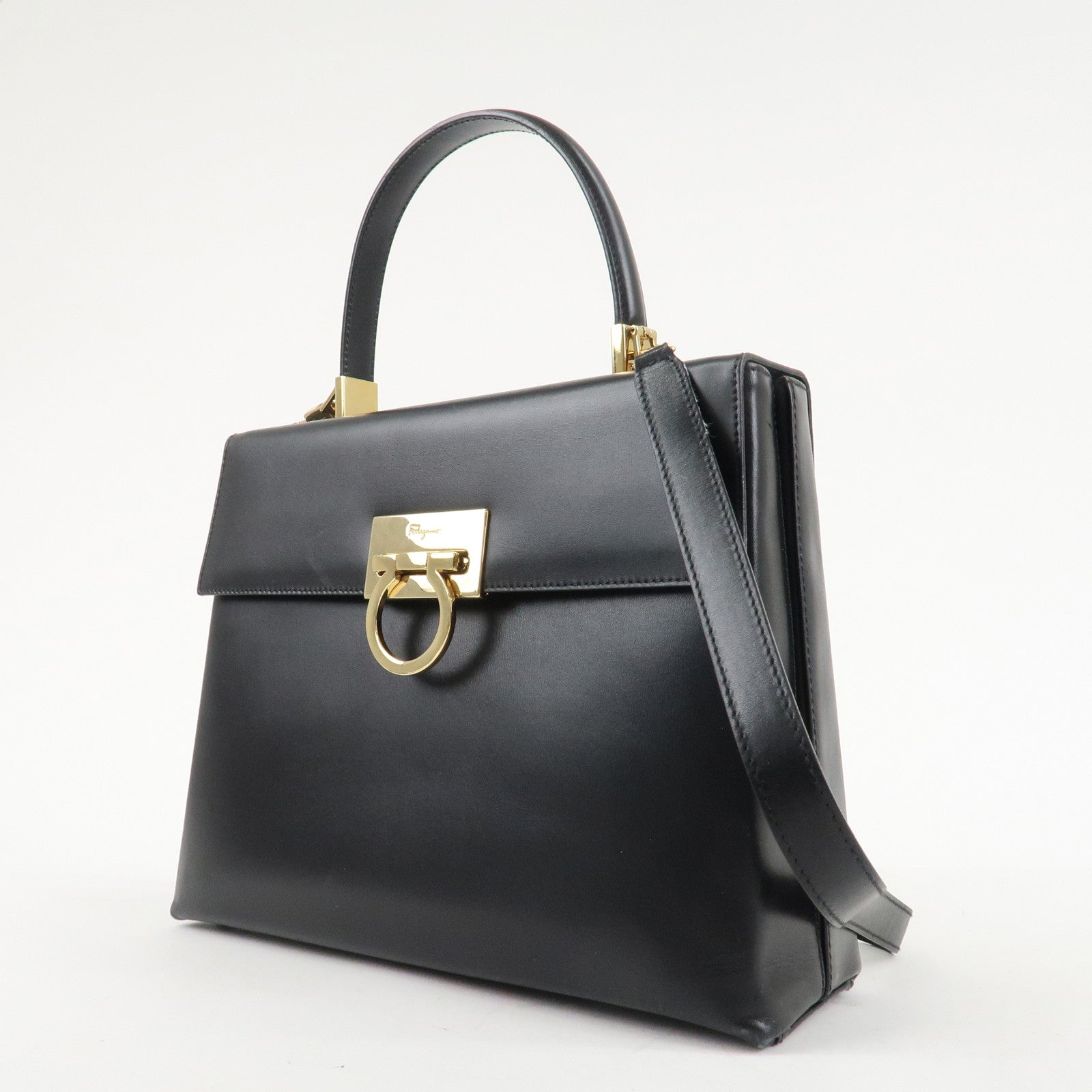 Ferragamo Leather Gancini 2Way Hand Shoulder Bag Black AT210536