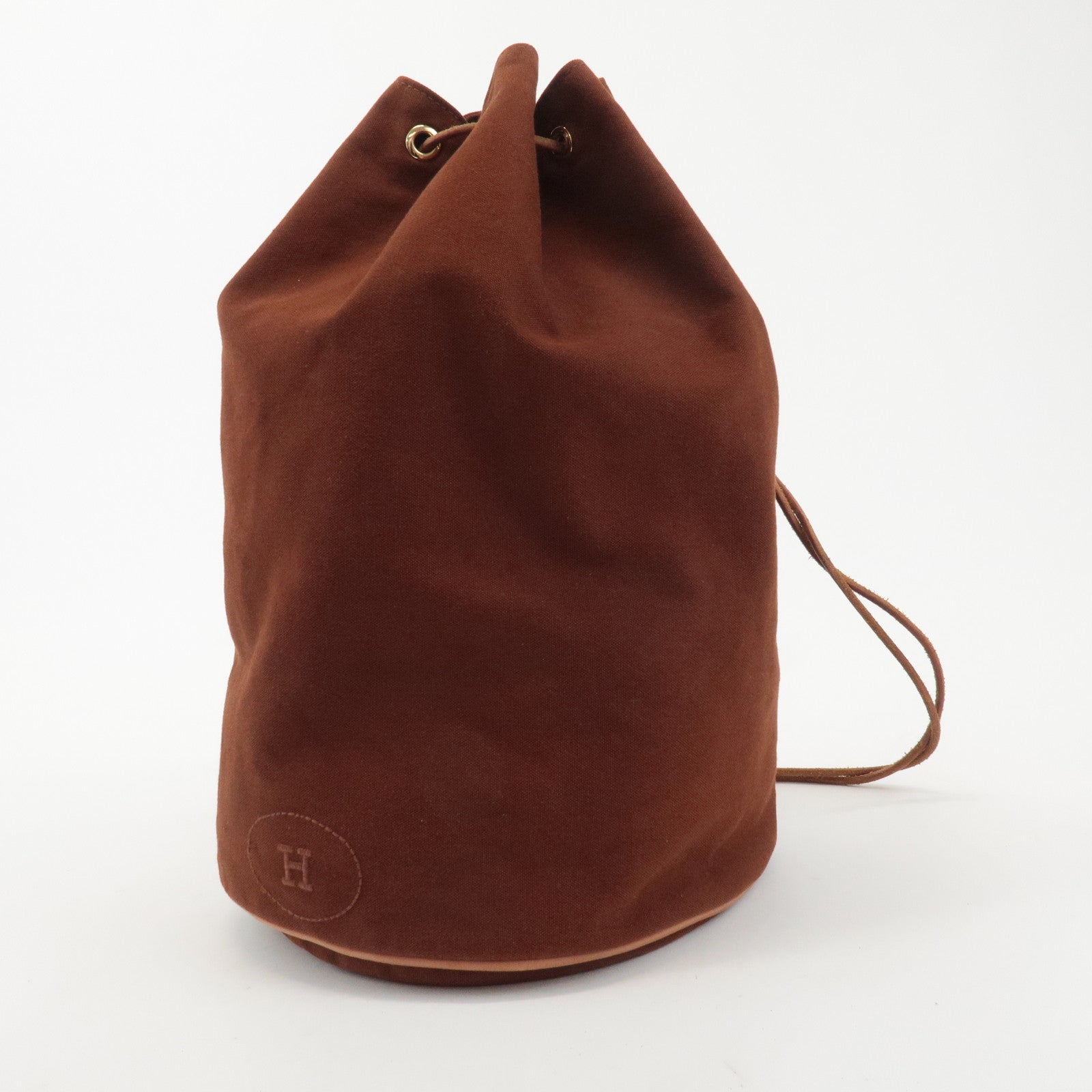 HERMES Canvas Leather Porochon Mimil GM Drawstring Backpack Brown