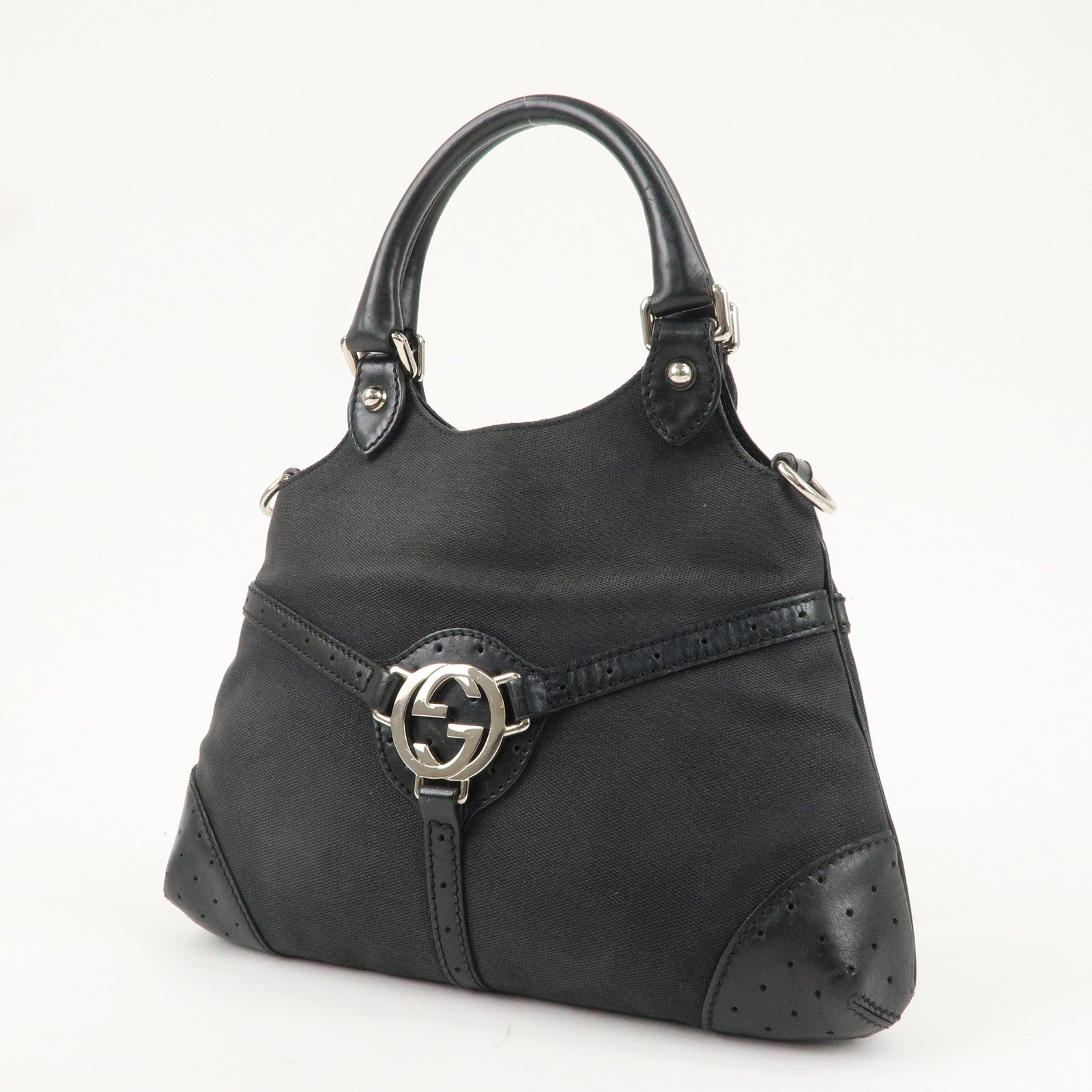 GUCCI Interlocking G Canvas Leather Handbag Black 114873