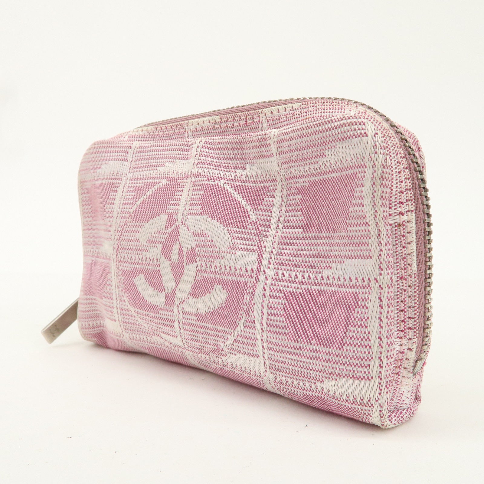 CHANEL New Travel Line Nylon Jacquard Leather Pouch Pink