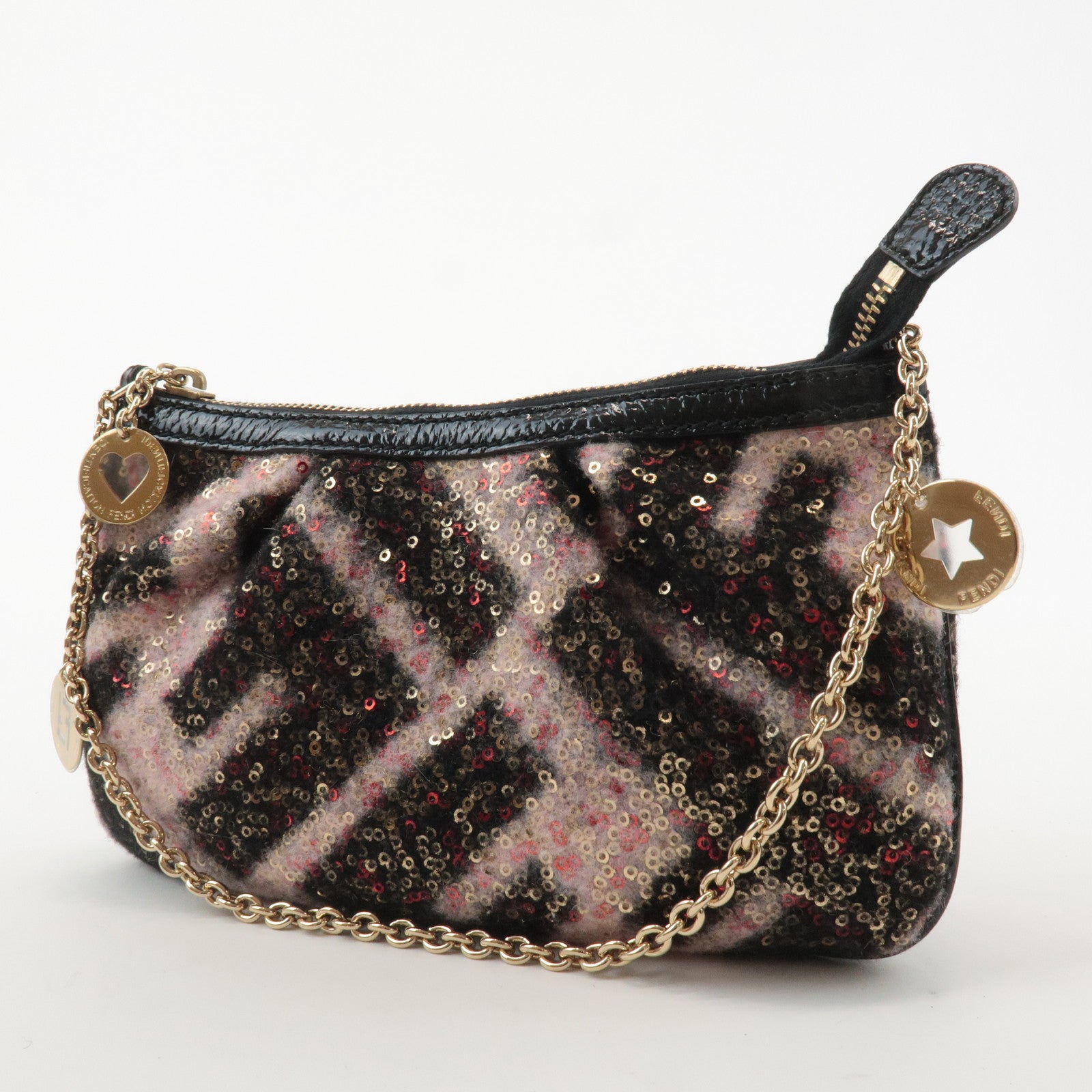 FENDI Zucca Sequins Chain Accessory Pouch Black Pink 8BR594