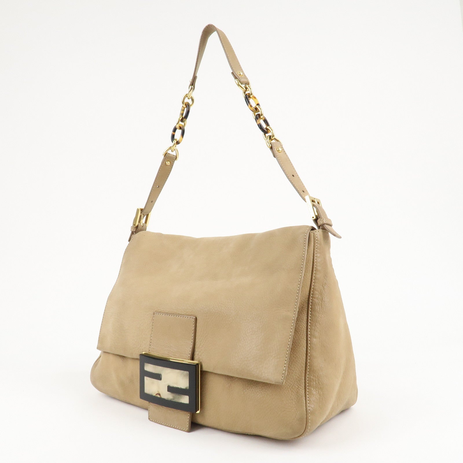 FENDI Mamma Baguette Leather Shoulder Bag Beige 8BR638 Used