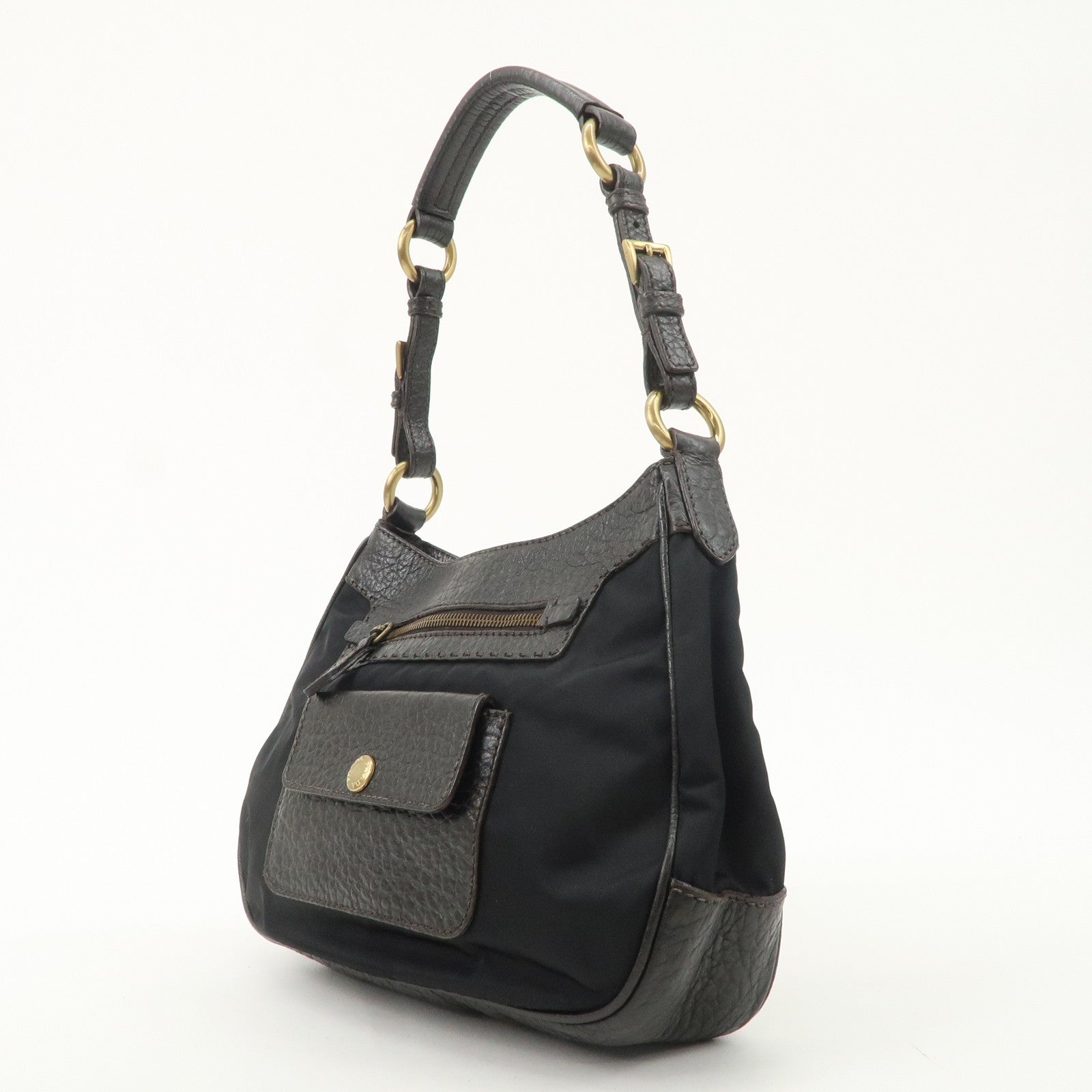 PRADA Nylon Leather Shoulder Bag Black Dark Brown BR1973