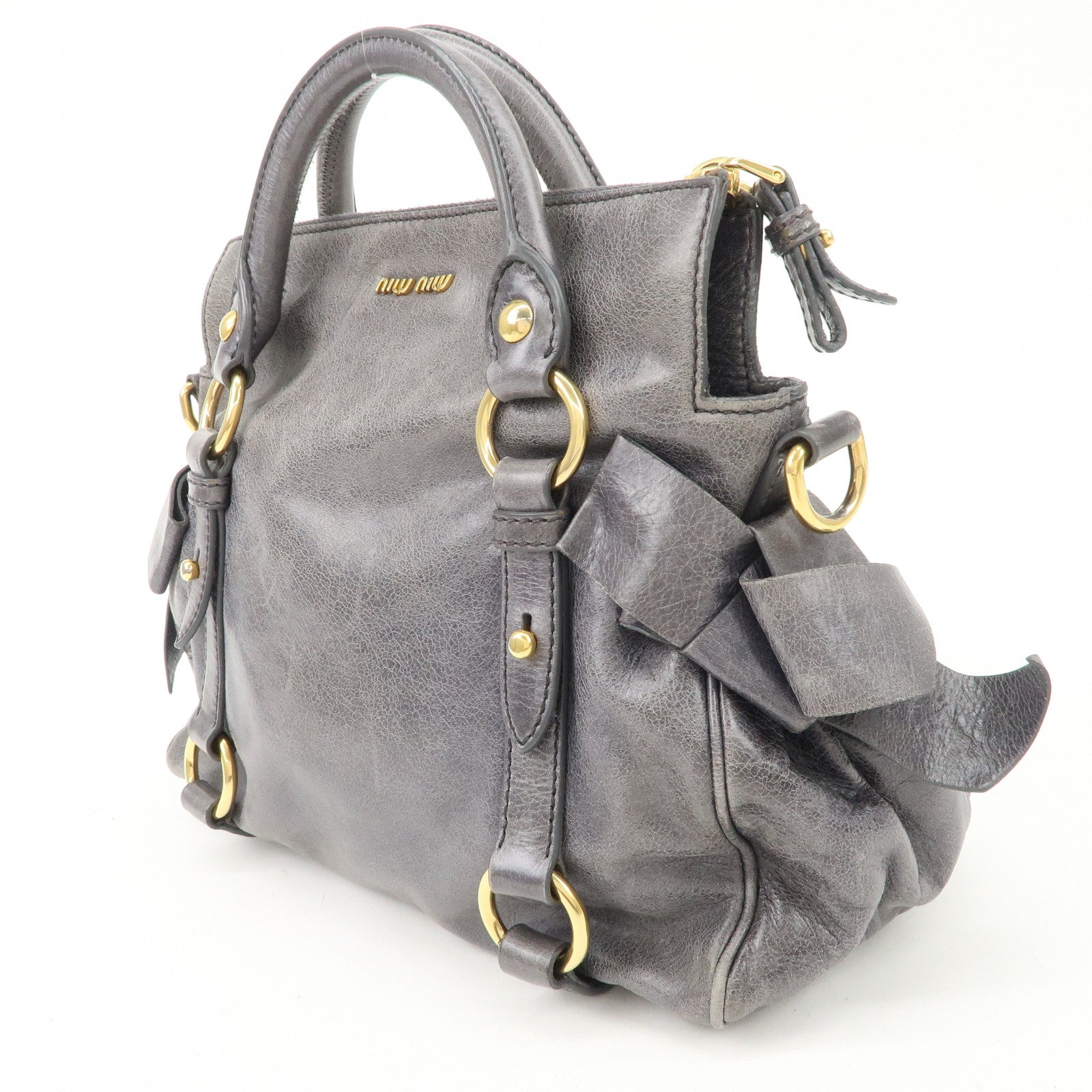 MIU MIU Leather Side Ribbon 2Way Shoulder Bag Hand Bag Gray Used