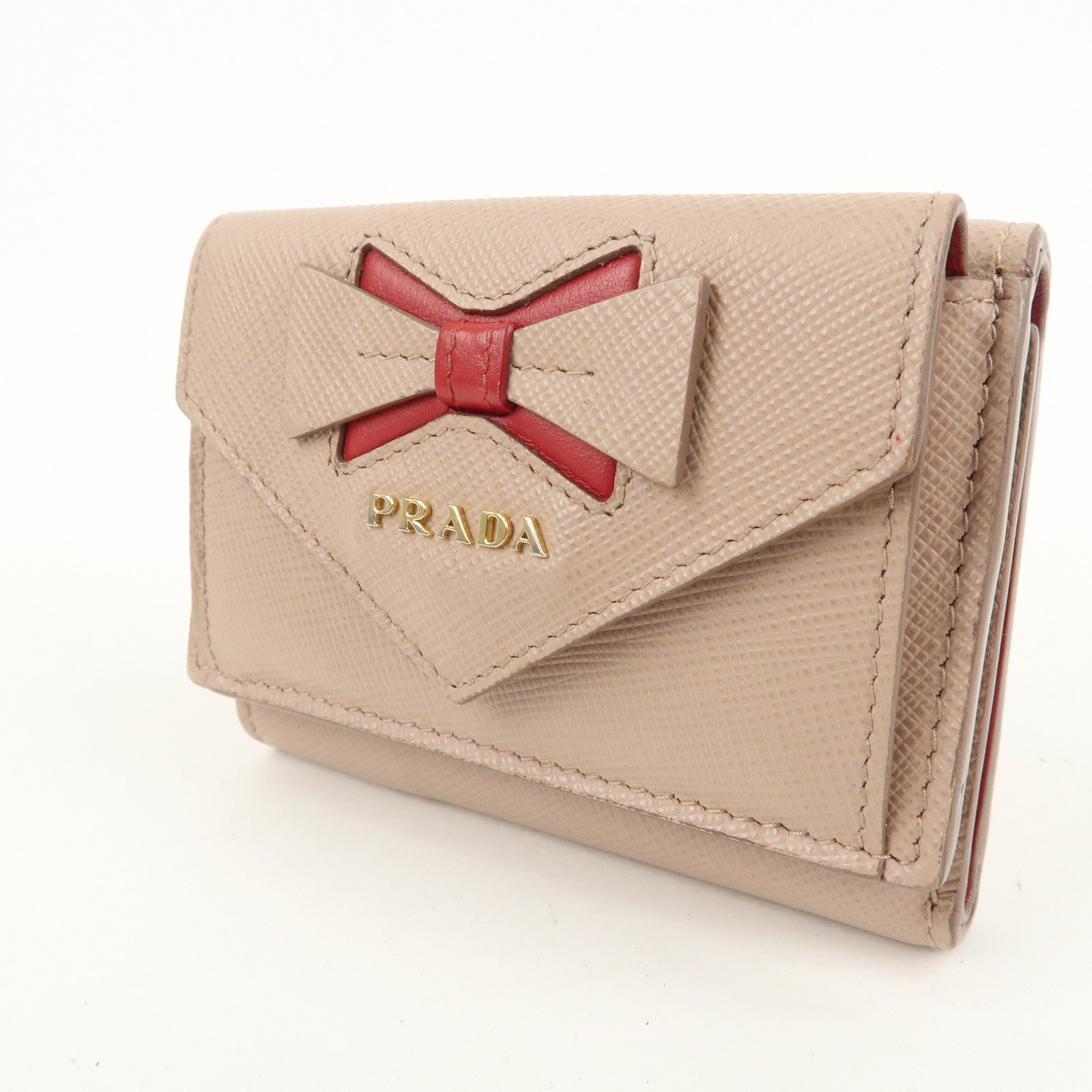 PRADA Saffiano Leather Trifold Wallet Pink Beige Red Ribbon 1MH021