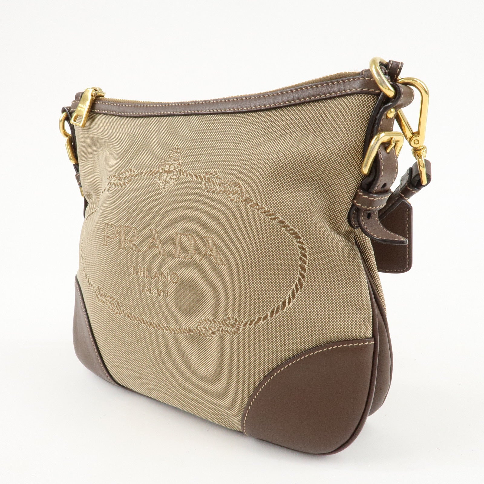 PRADA Jacquard Leather Shoulder Crossbody Bag Beige Brown BT867A Used