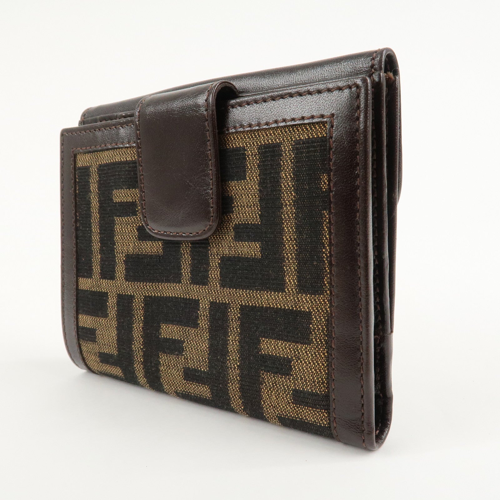 FENDI Zucca Canvas Leather W Hook Bifold Wallet 12671