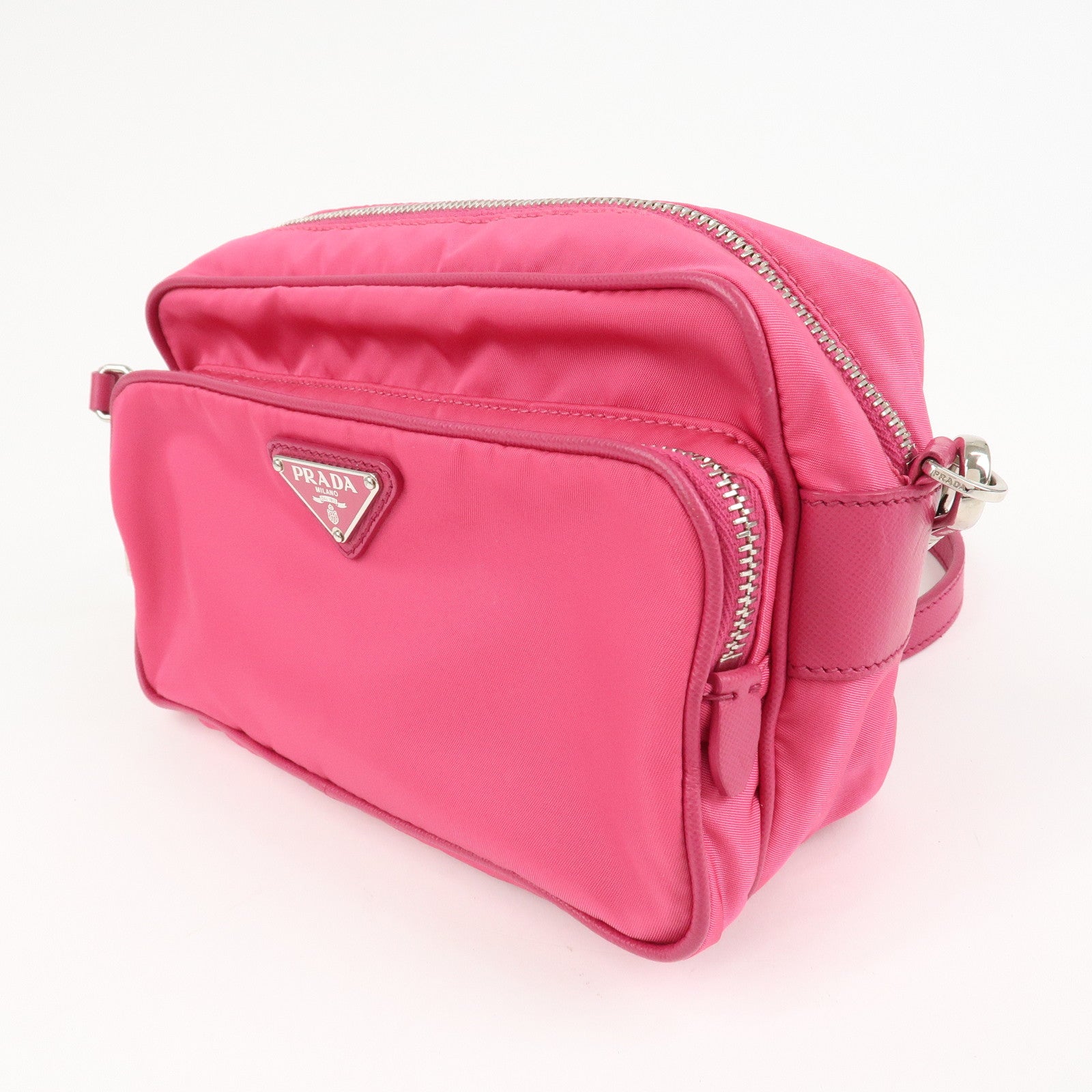 PRADA Triangle Logo Leather Shoulder Bag Pink Silver Hardware Used