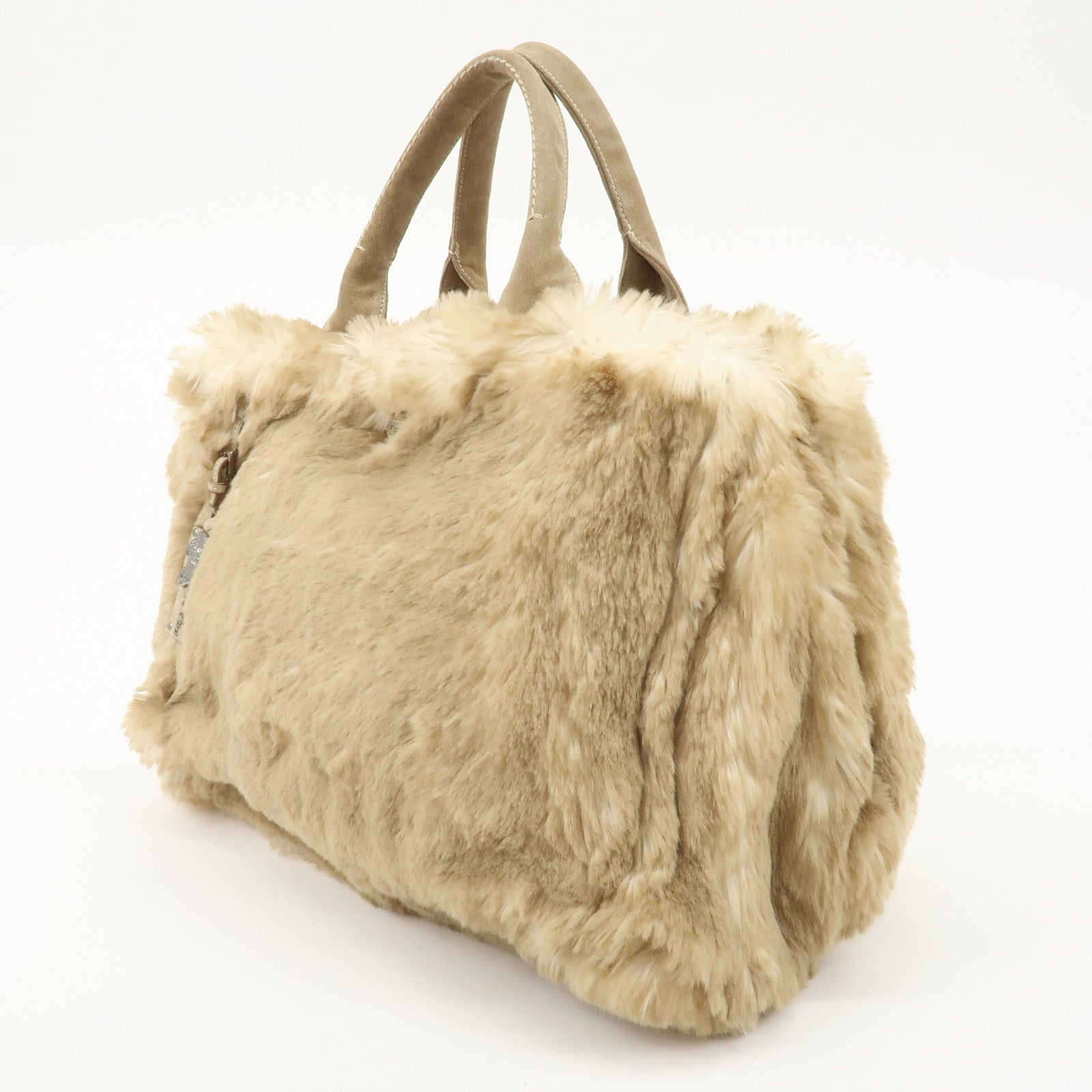 PRADA Eco Lapin Fur Suede Canapa Large Tote Bag Beige BN1918 Used