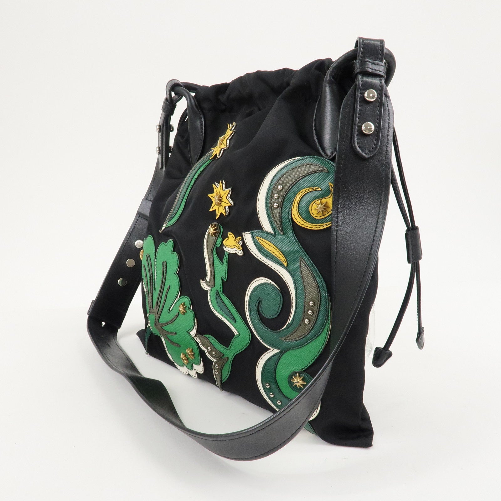 PRADA Logo Nylon Leathr Mermaid Motif Shoulder Bag Black Green