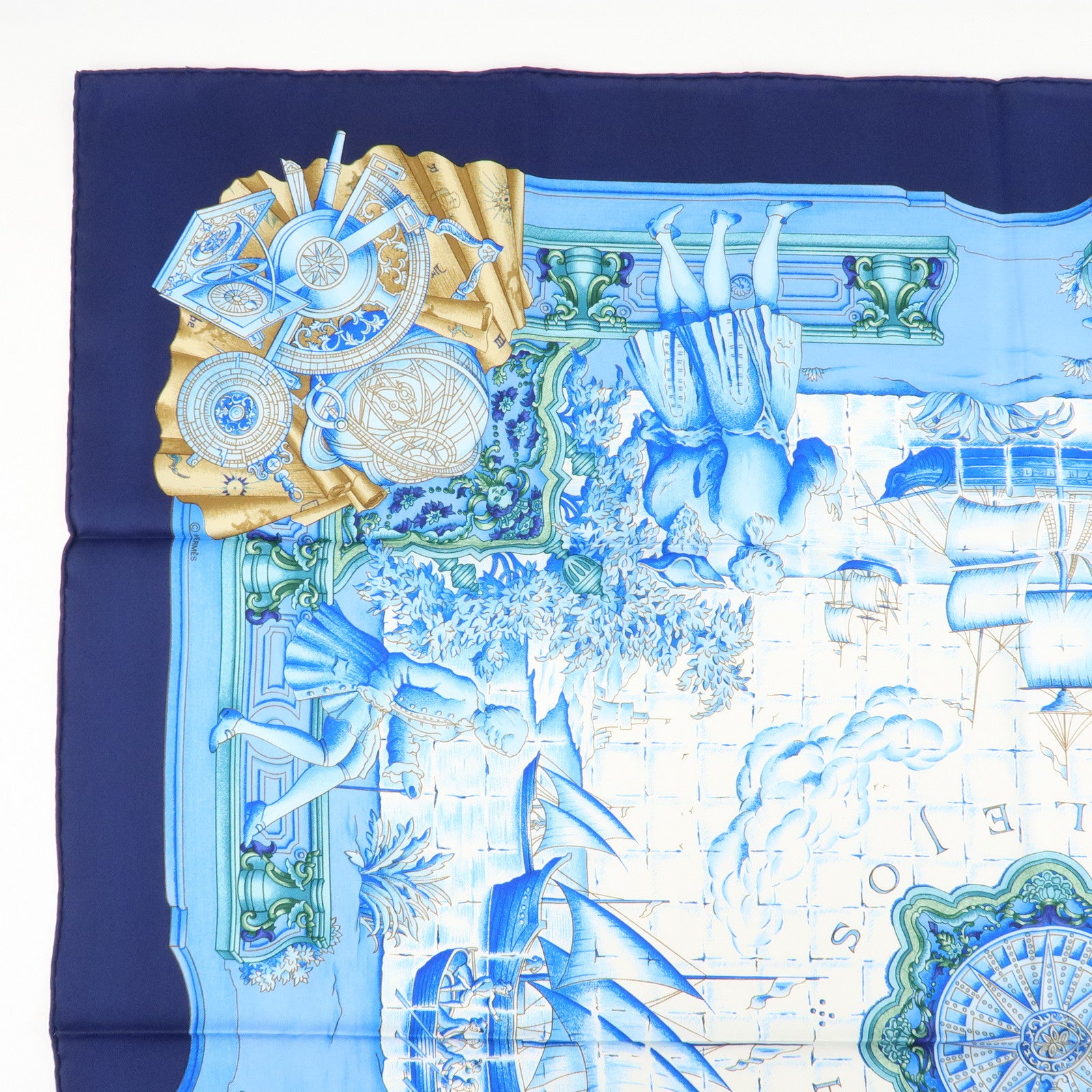 HERMES Silk 100% Carre 90 Scarf AZVLEJOS Blue Used