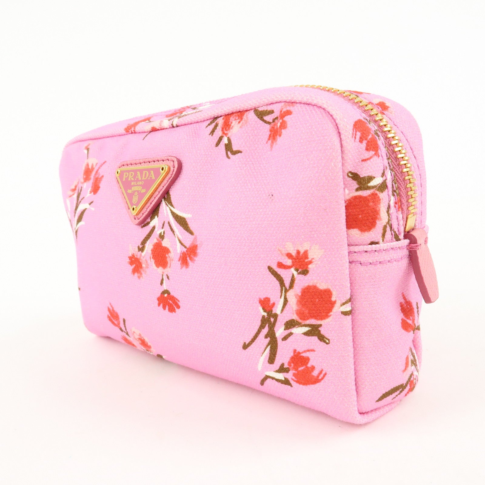 PRADA Canapa Canvas Leather Cosmetic Pouch Flower 1NA021 Pink Used