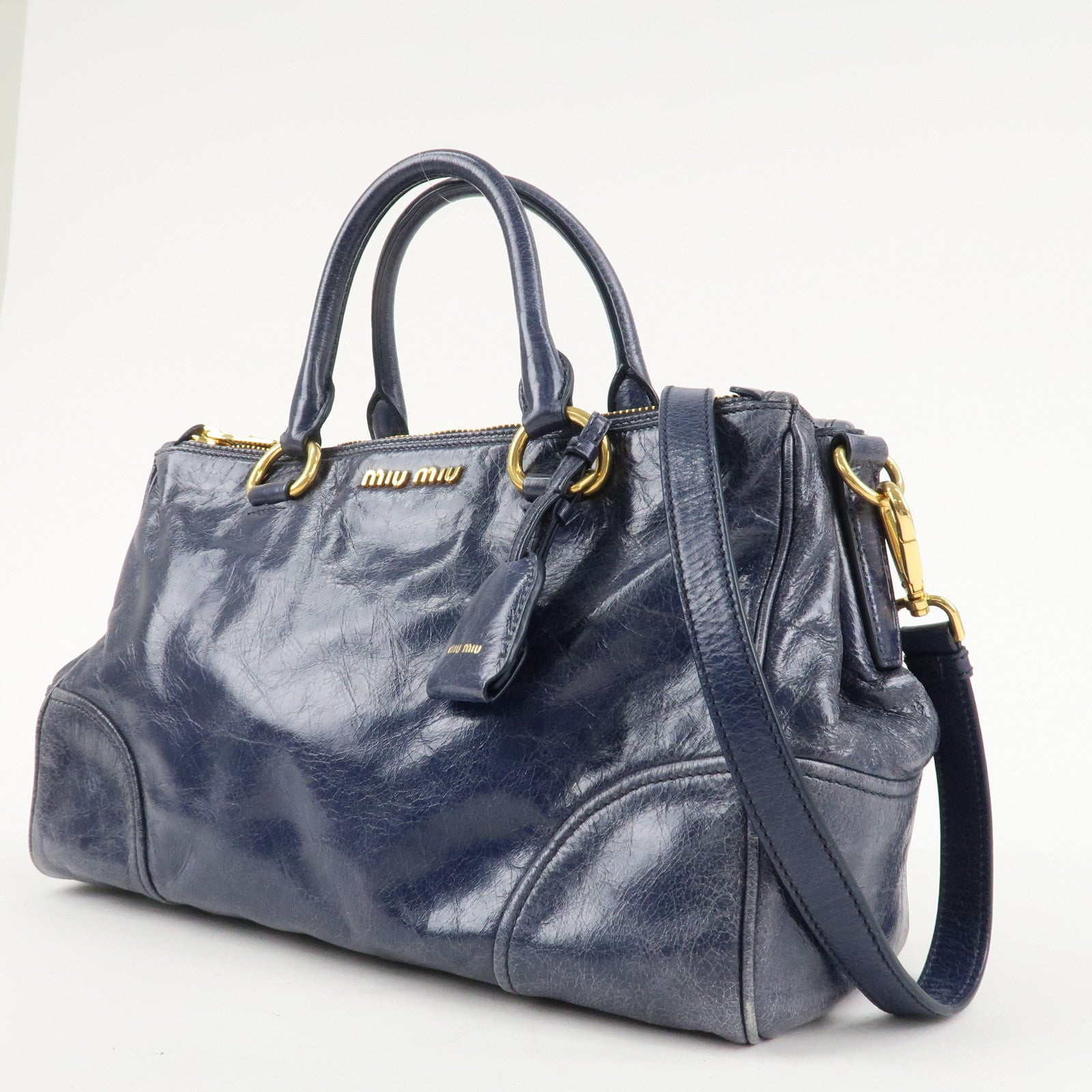 MIU MIU Leather 2Way Bag Hand Bag Shoulder Bag Blue RN1127