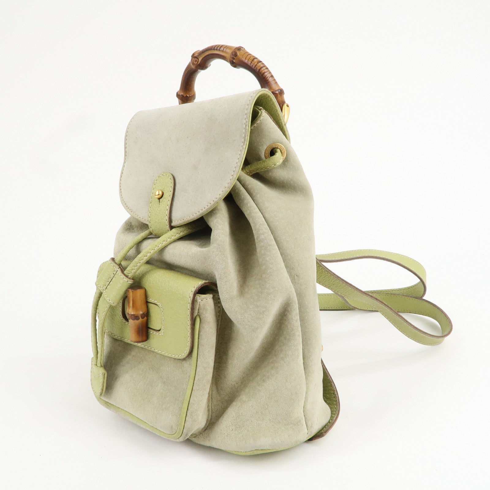 GUCCI Bamboo Suede Leather Backpack Light Green 003.1956.0030